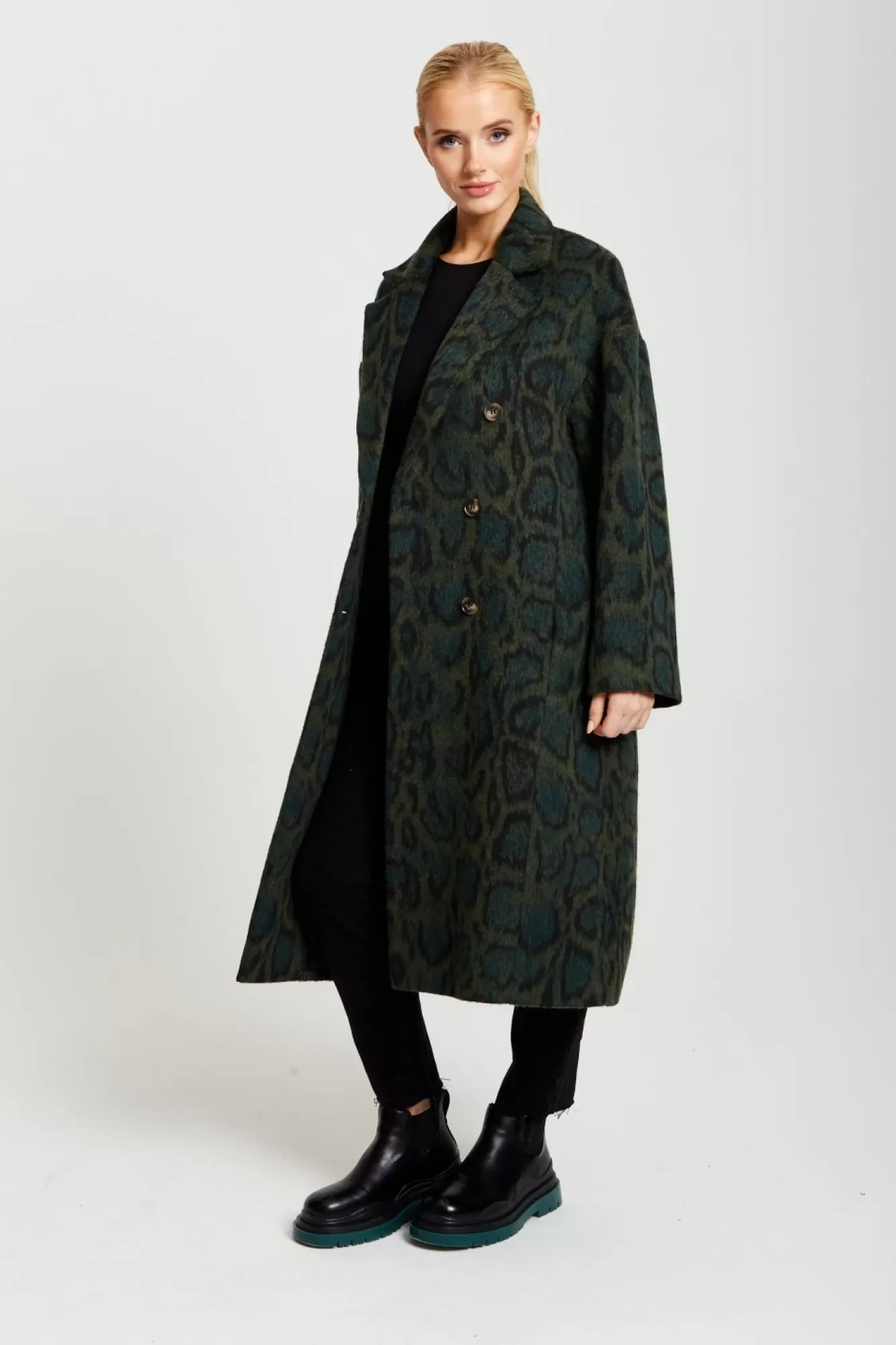 Outerwear^Liquorish Leopard Print Longline Coat Khaki