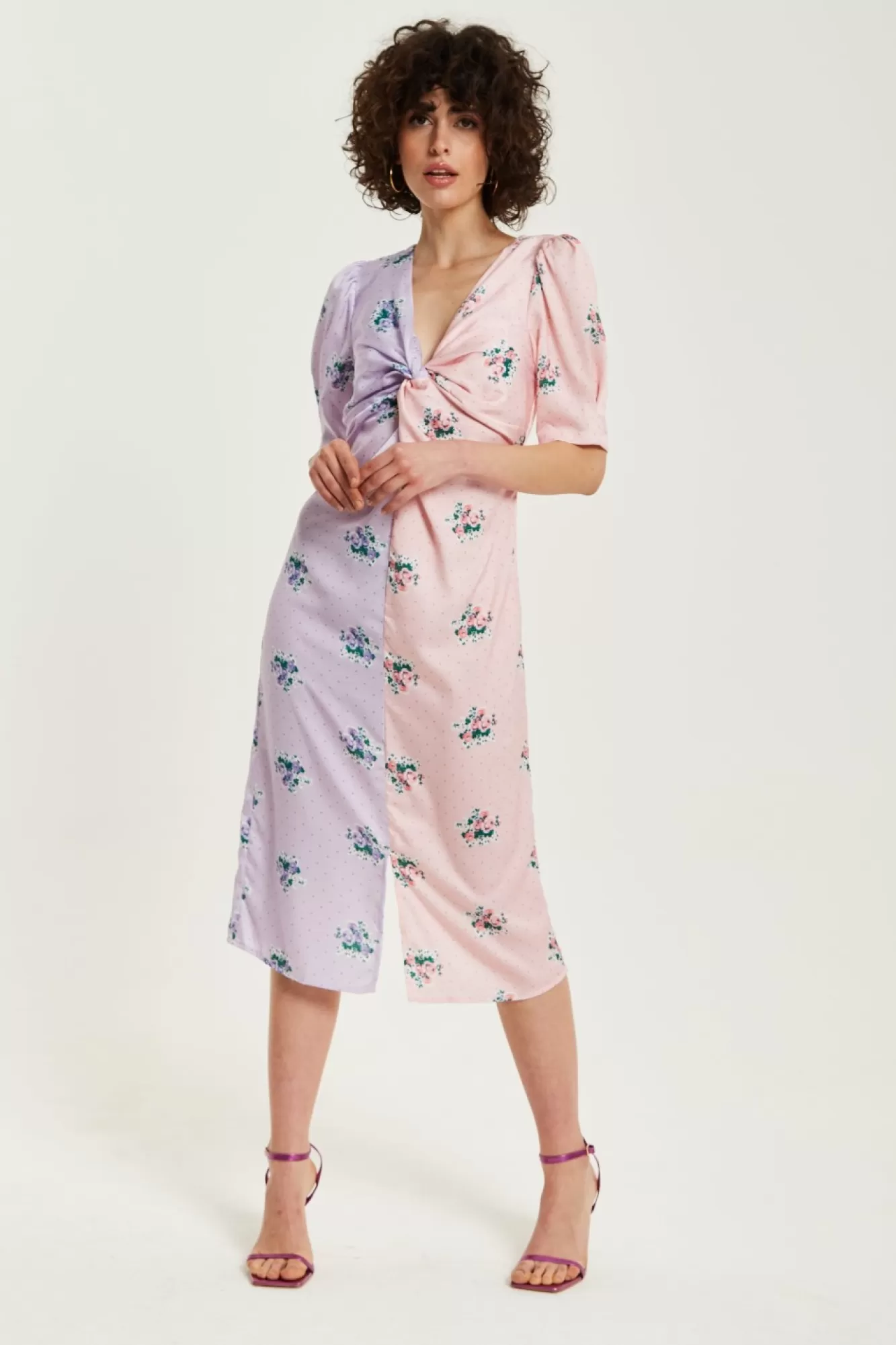 Midi Dresses^Liquorish Lilac And Floral Knot Front Midi Dress Pink