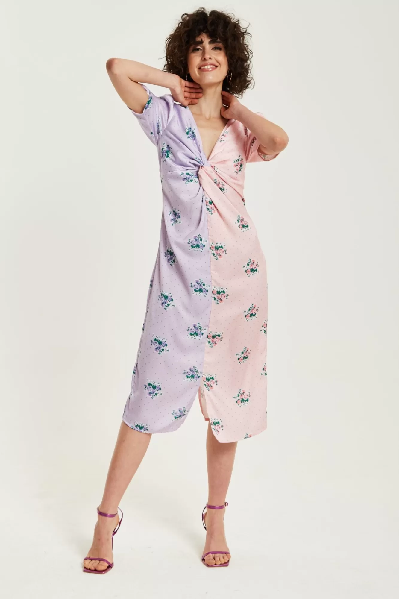 Midi Dresses^Liquorish Lilac And Floral Knot Front Midi Dress Pink