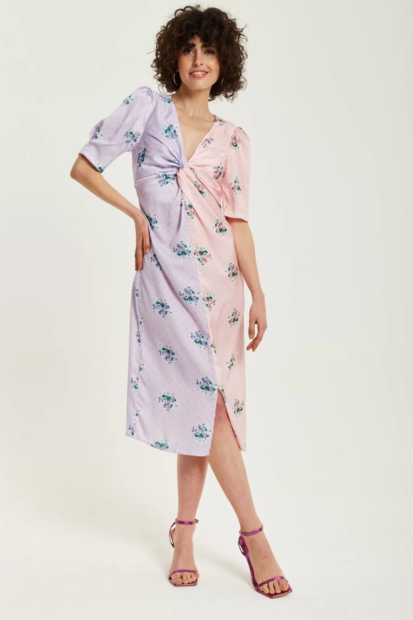 Midi Dresses^Liquorish Lilac And Floral Knot Front Midi Dress Pink