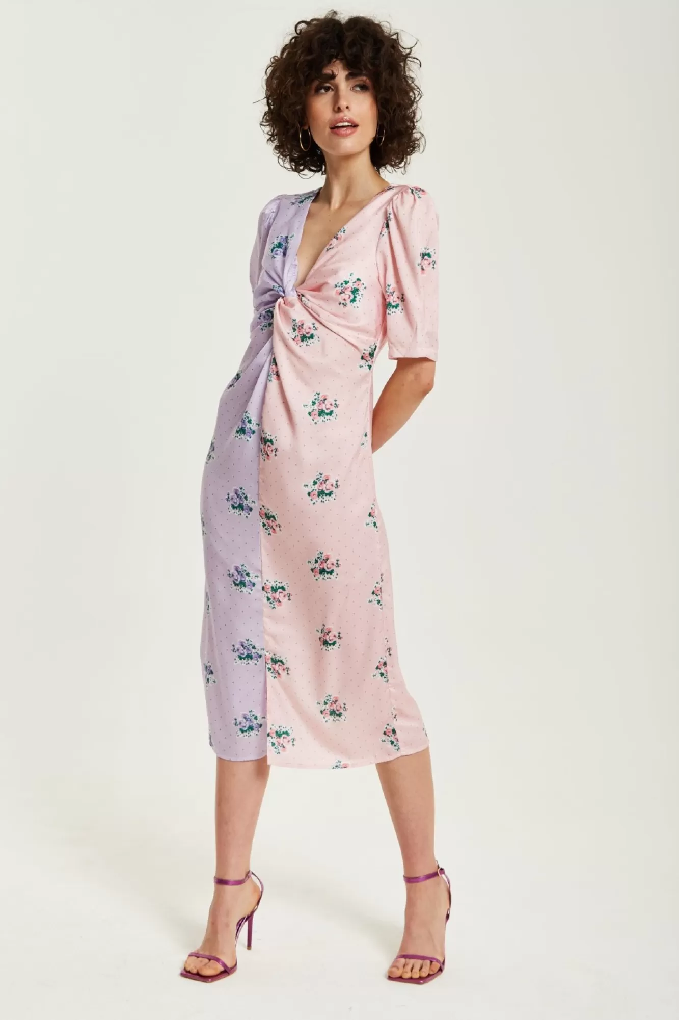 Midi Dresses^Liquorish Lilac And Floral Knot Front Midi Dress Pink