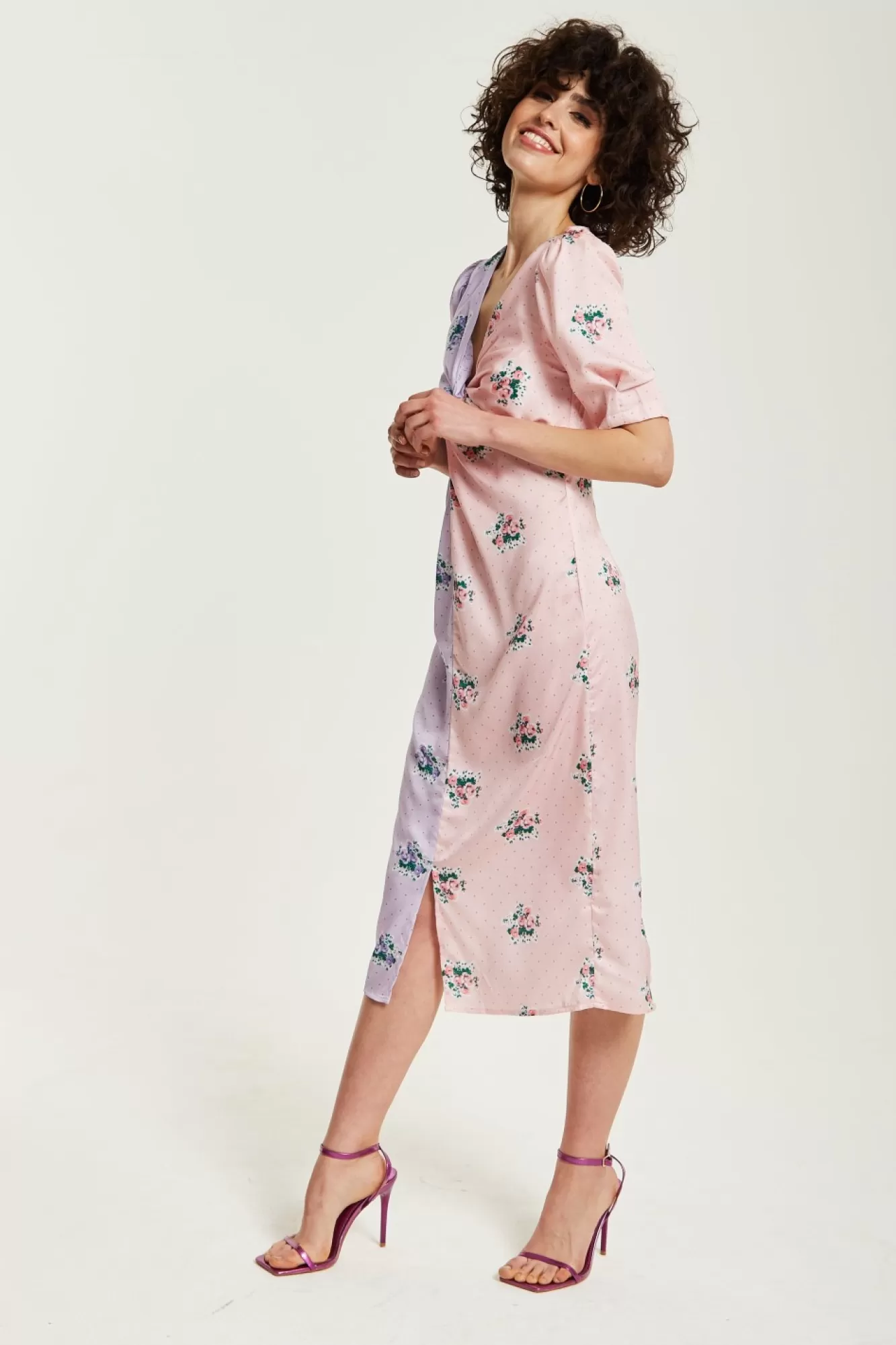 Midi Dresses^Liquorish Lilac And Floral Knot Front Midi Dress Pink