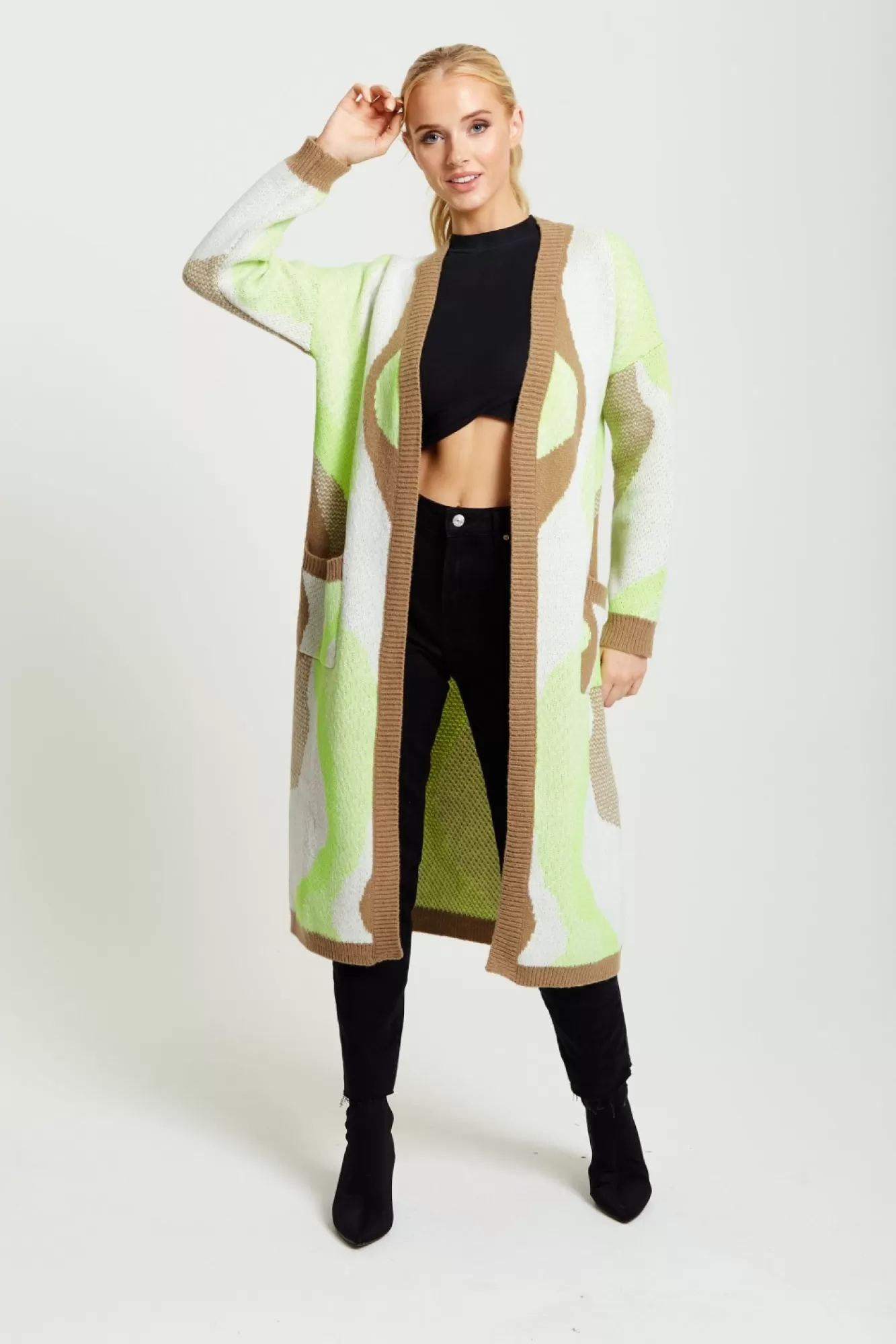 Cardigans^Liquorish Longline Cardigan In Brown, Green And White Multicolour
