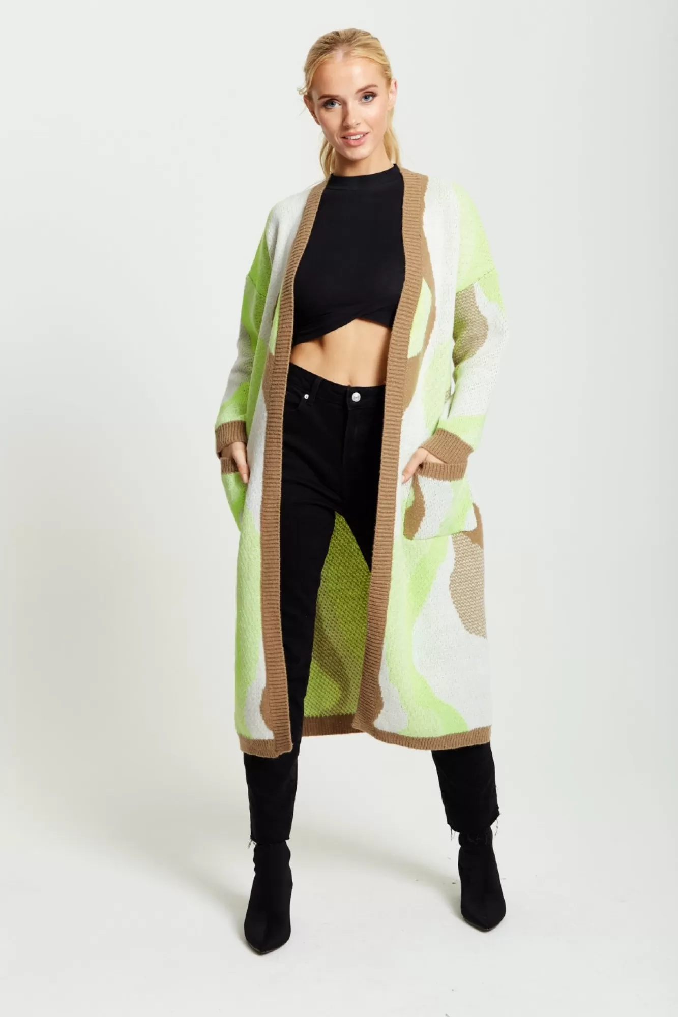 Cardigans^Liquorish Longline Cardigan In Brown, Green And White Multicolour
