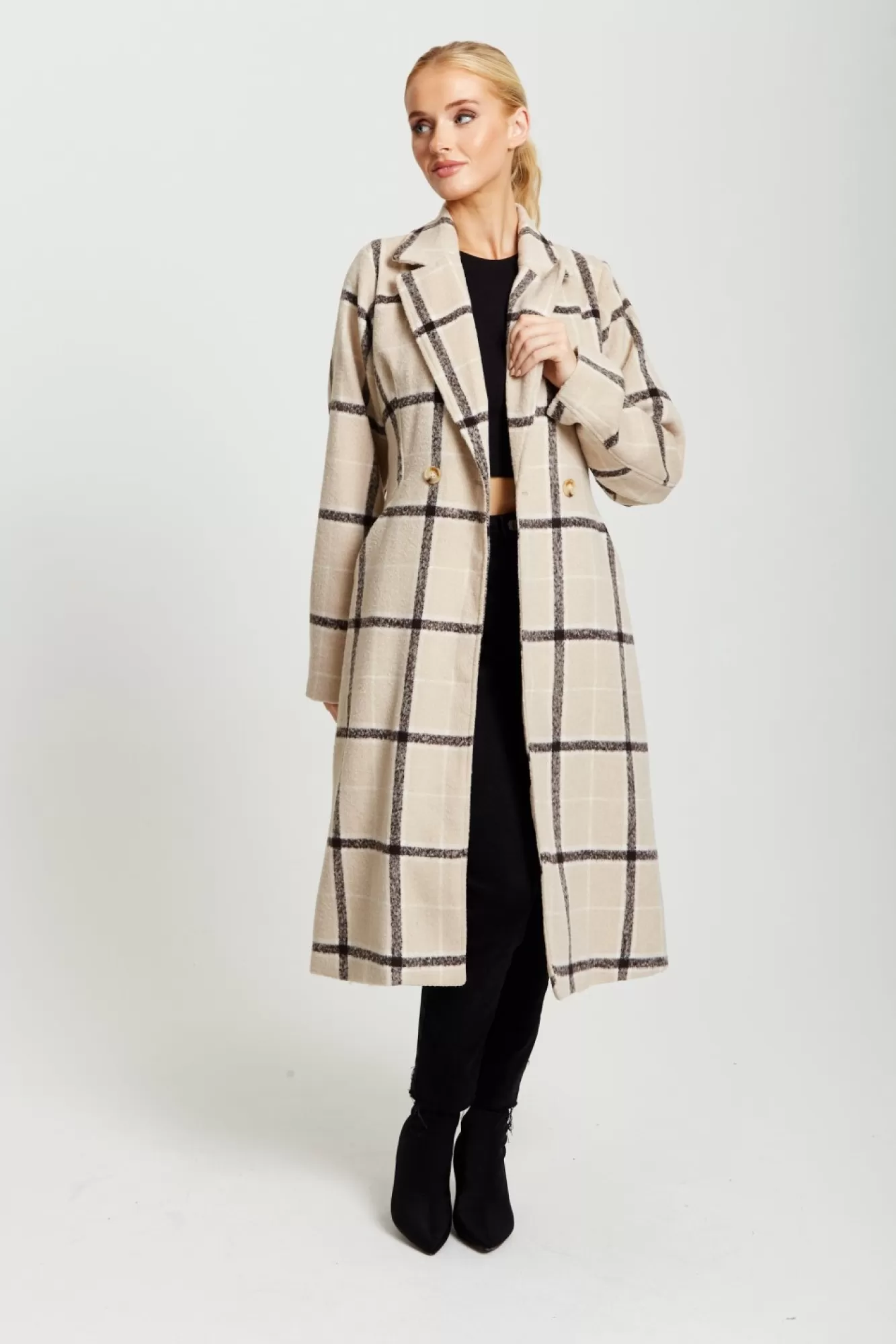 Outerwear^Liquorish Longline Check Coat Beige