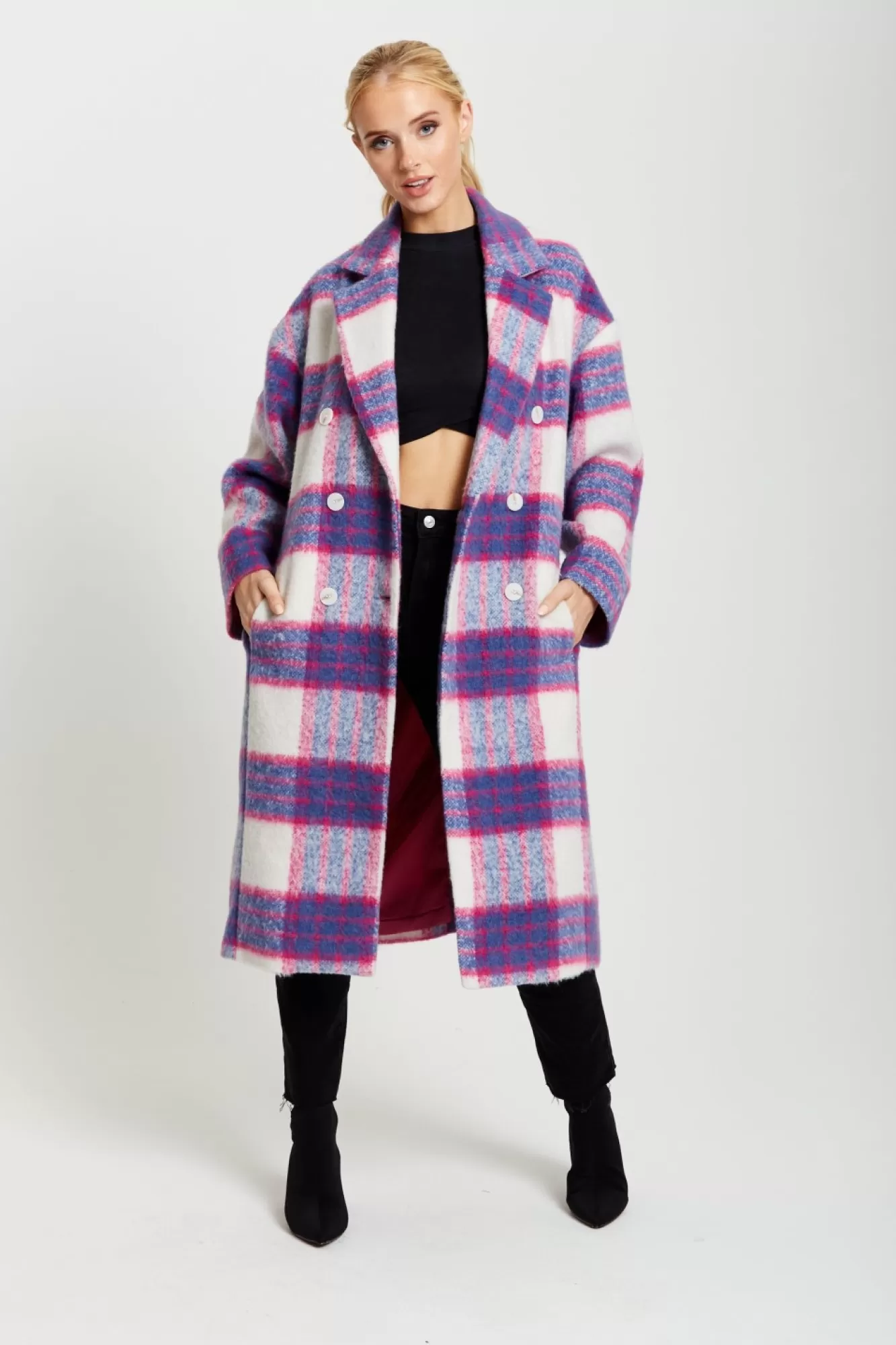 Outerwear^Liquorish Longline Coat In Pink And Navy Checks Pinknavy