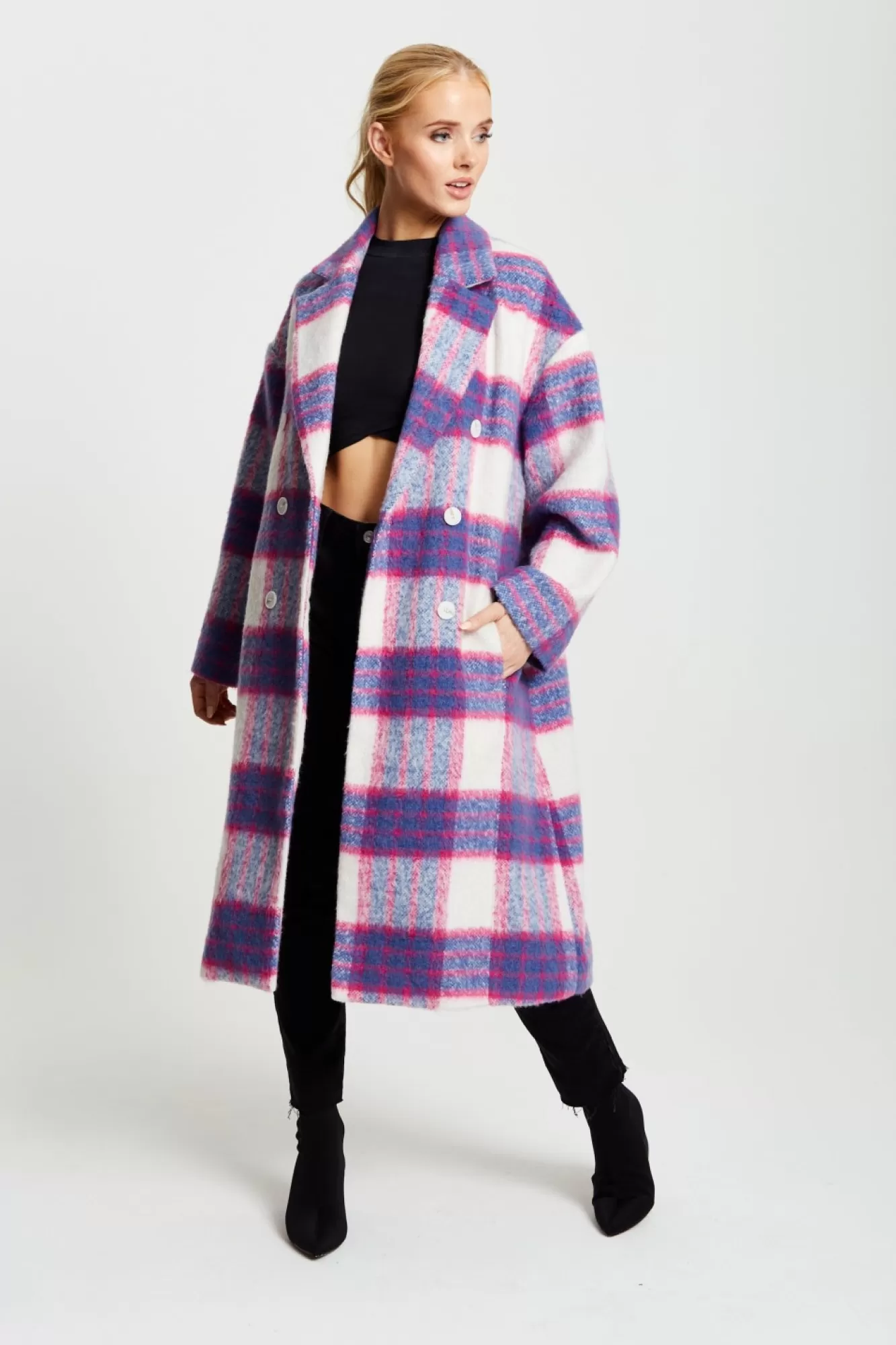 Outerwear^Liquorish Longline Coat In Pink And Navy Checks Pinknavy
