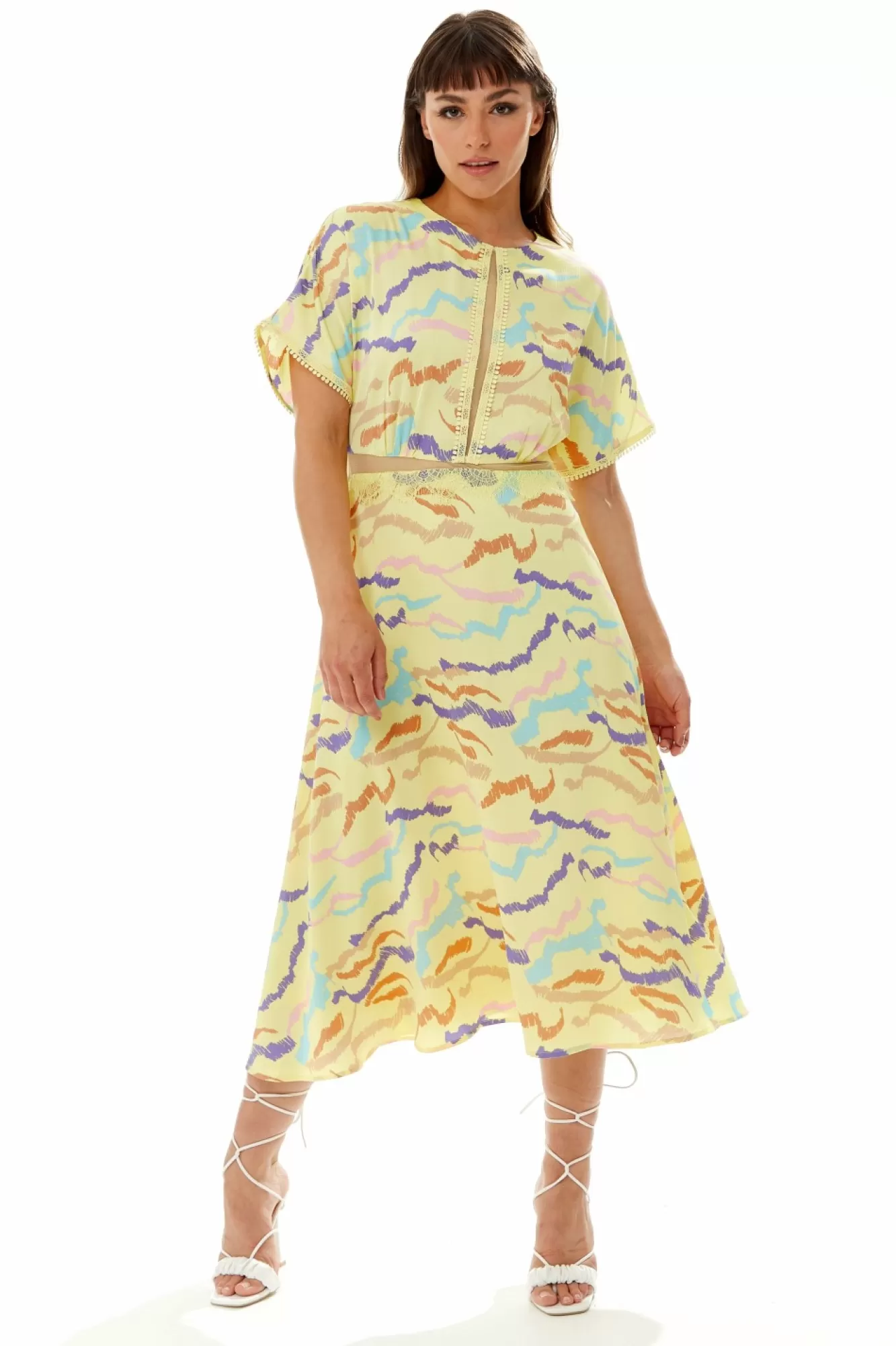 Midi Dresses^Liquorish Midi Abstract Zebra Print Dress With Mesh Yellow
