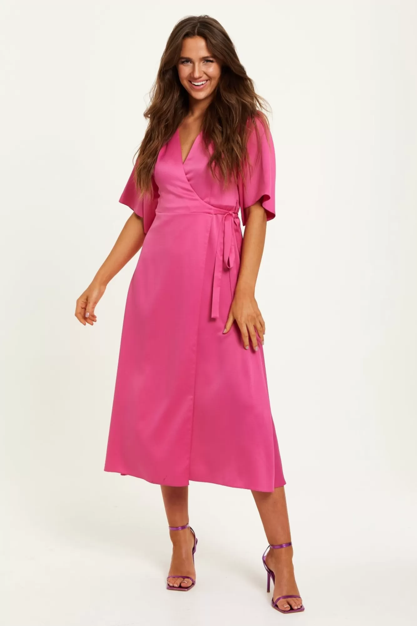 Midi Dresses^Liquorish Midi Wrap Dress With Kimono Sleeves Pink