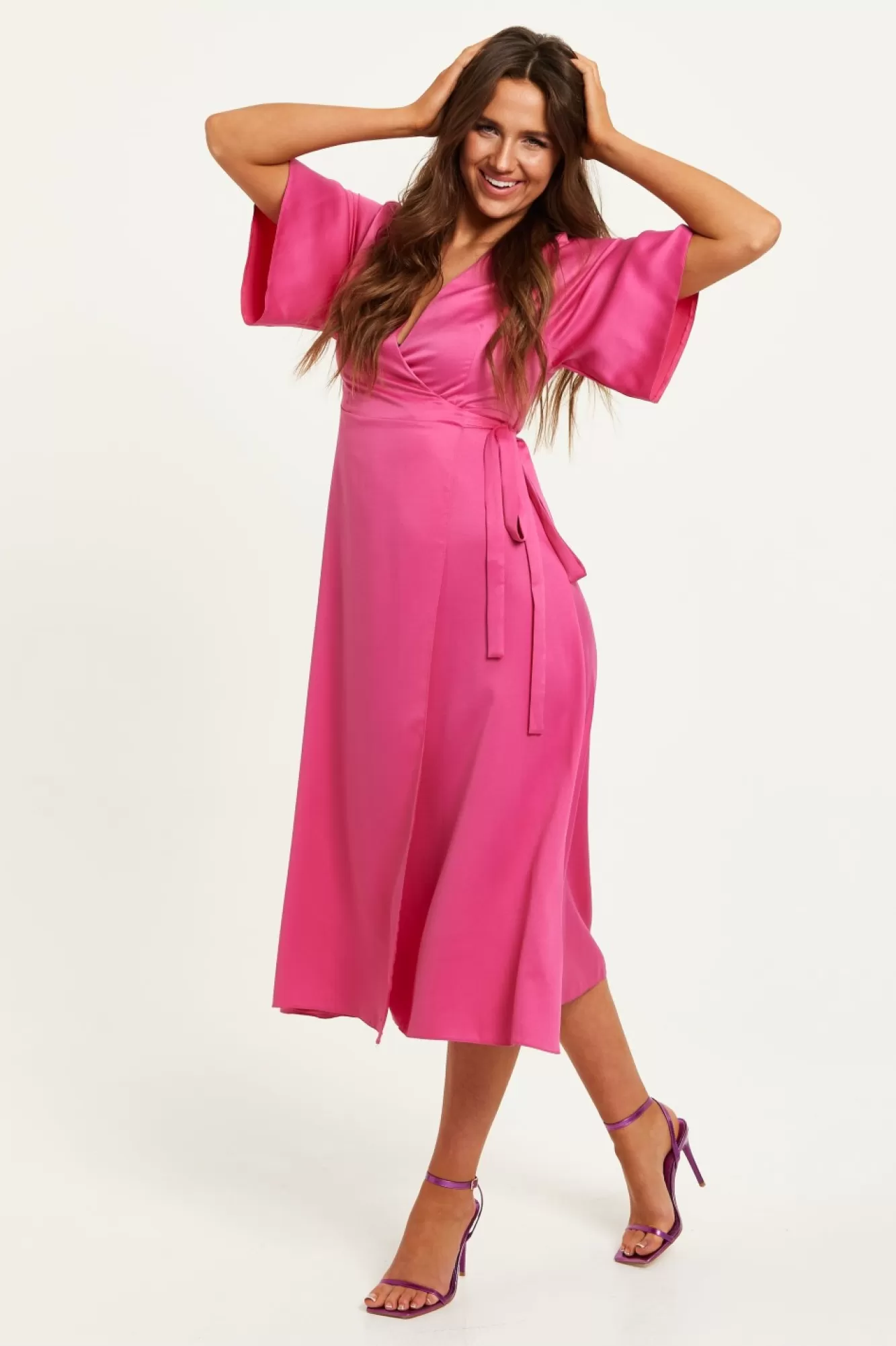 Midi Dresses^Liquorish Midi Wrap Dress With Kimono Sleeves Pink