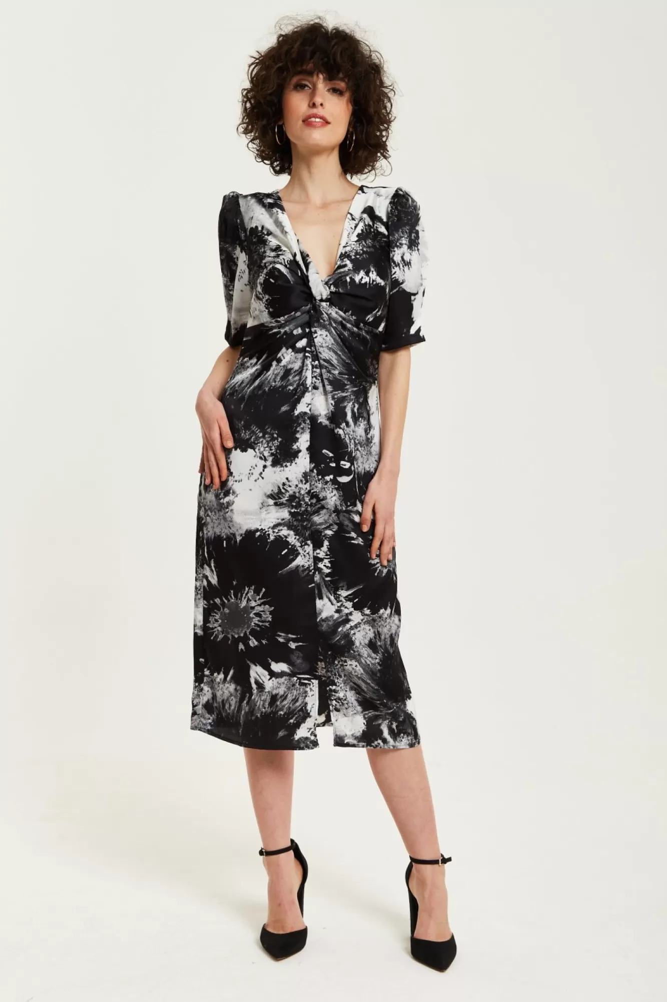 Midi Dresses^Liquorish Mono Abstract Print Knot Front Midi Dress Multicolour