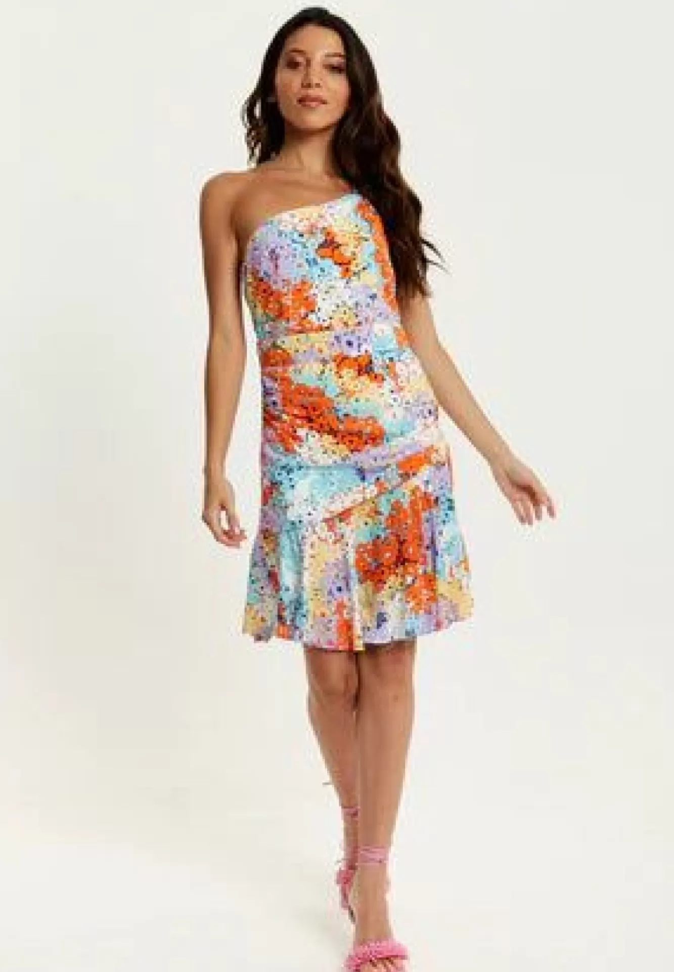 Mini Dresses^Liquorish Multicolour Floral Print One Shoulder Mini Dress Multicolor