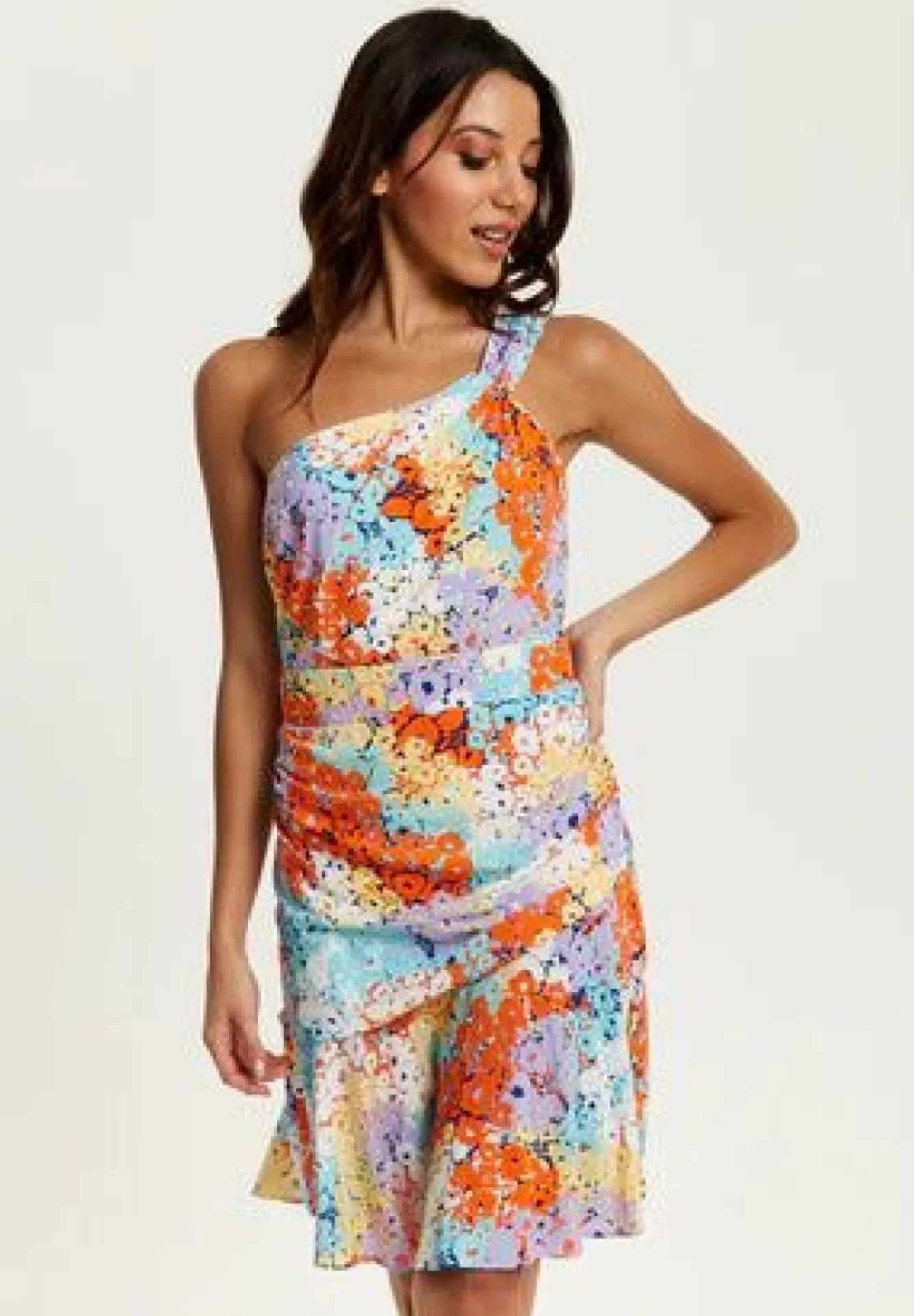 Mini Dresses^Liquorish Multicolour Floral Print One Shoulder Mini Dress Multicolor