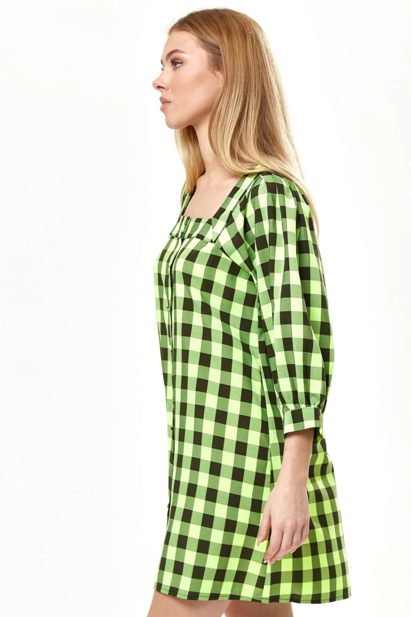 Mini Dresses^Liquorish Neon Gingham Puff Sleeve Dress Green