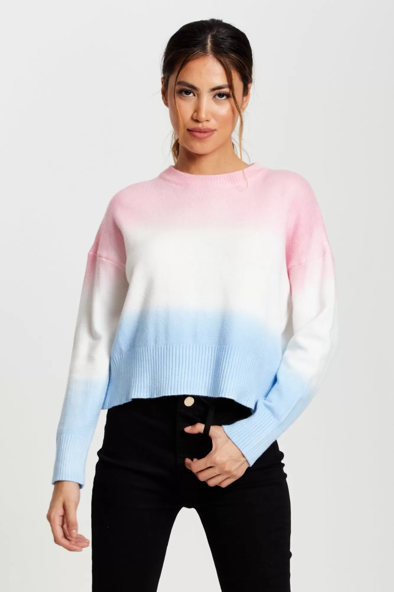 Jumpers^Liquorish Ombre Pattern Jumper In Pink, White And Blue Multicolour