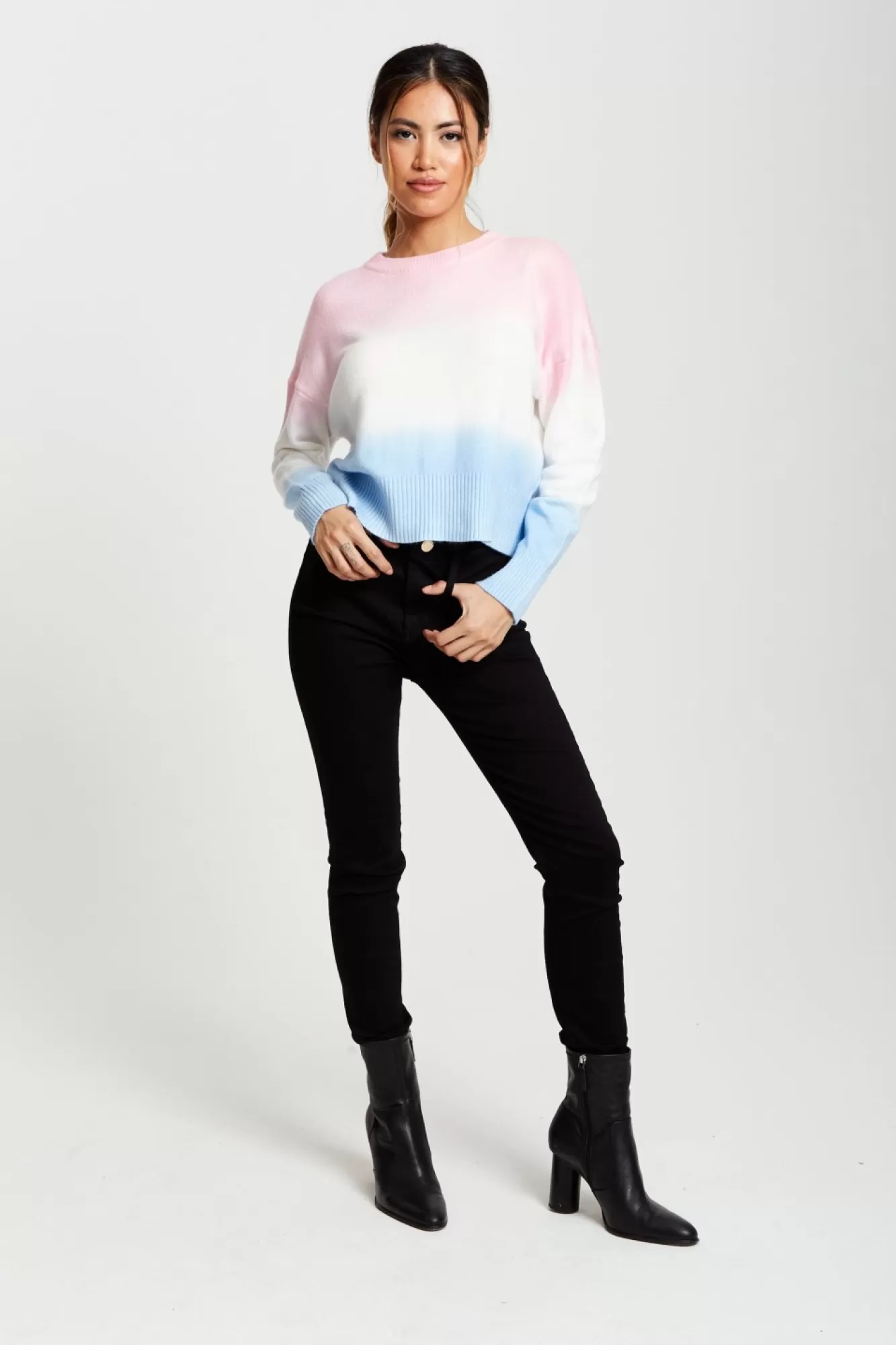 Jumpers^Liquorish Ombre Pattern Jumper In Pink, White And Blue Multicolour