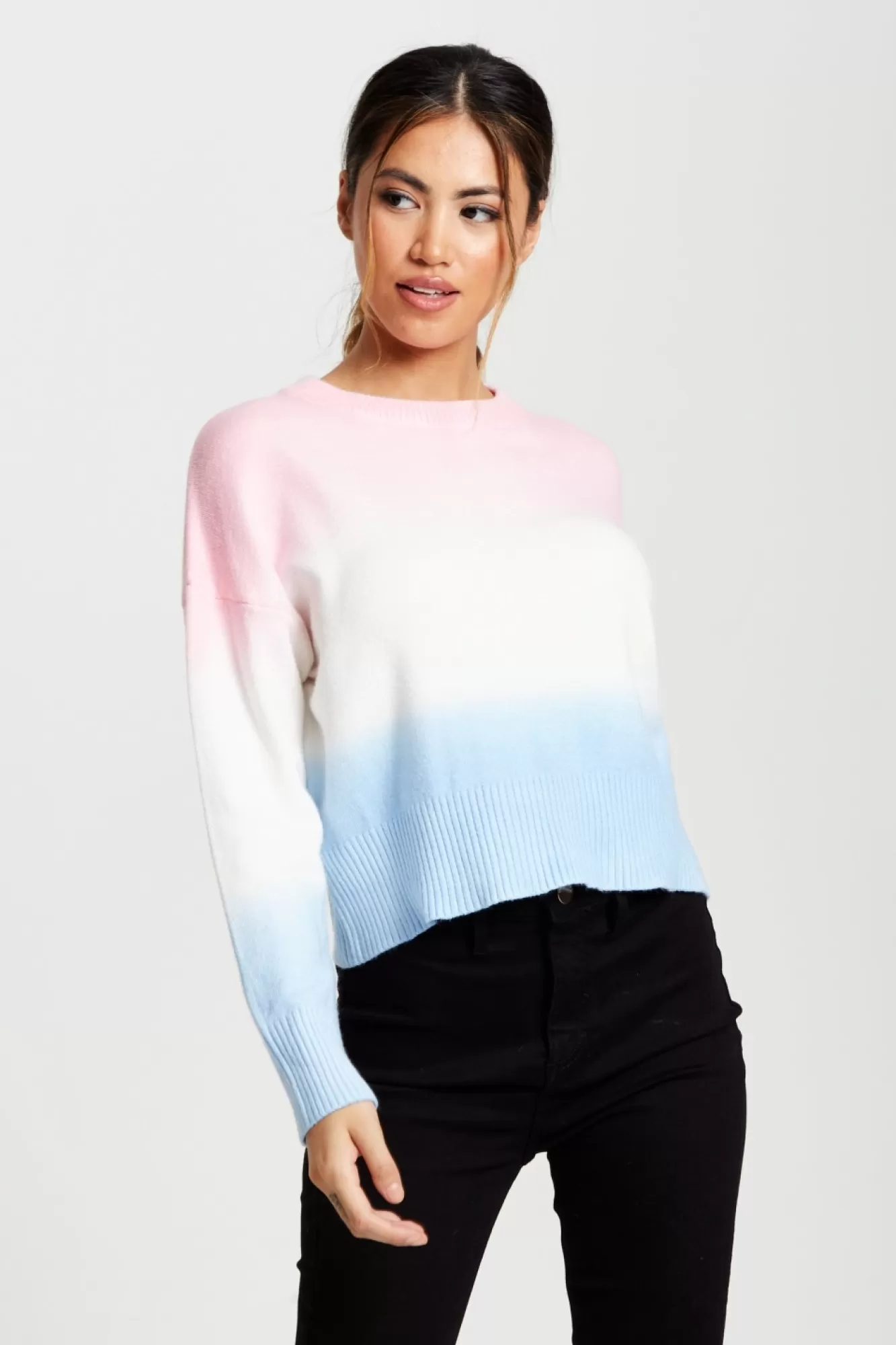 Jumpers^Liquorish Ombre Pattern Jumper In Pink, White And Blue Multicolour