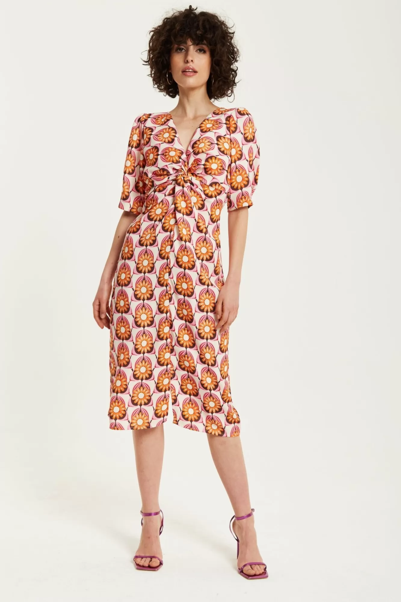 Midi Dresses^Liquorish Orange Floral Knot Front Midi Dress Multicolor