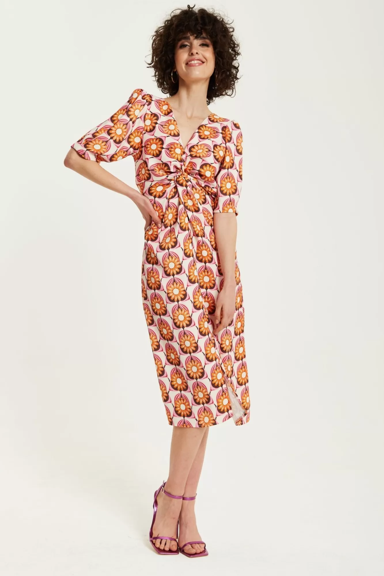 Midi Dresses^Liquorish Orange Floral Knot Front Midi Dress Multicolor