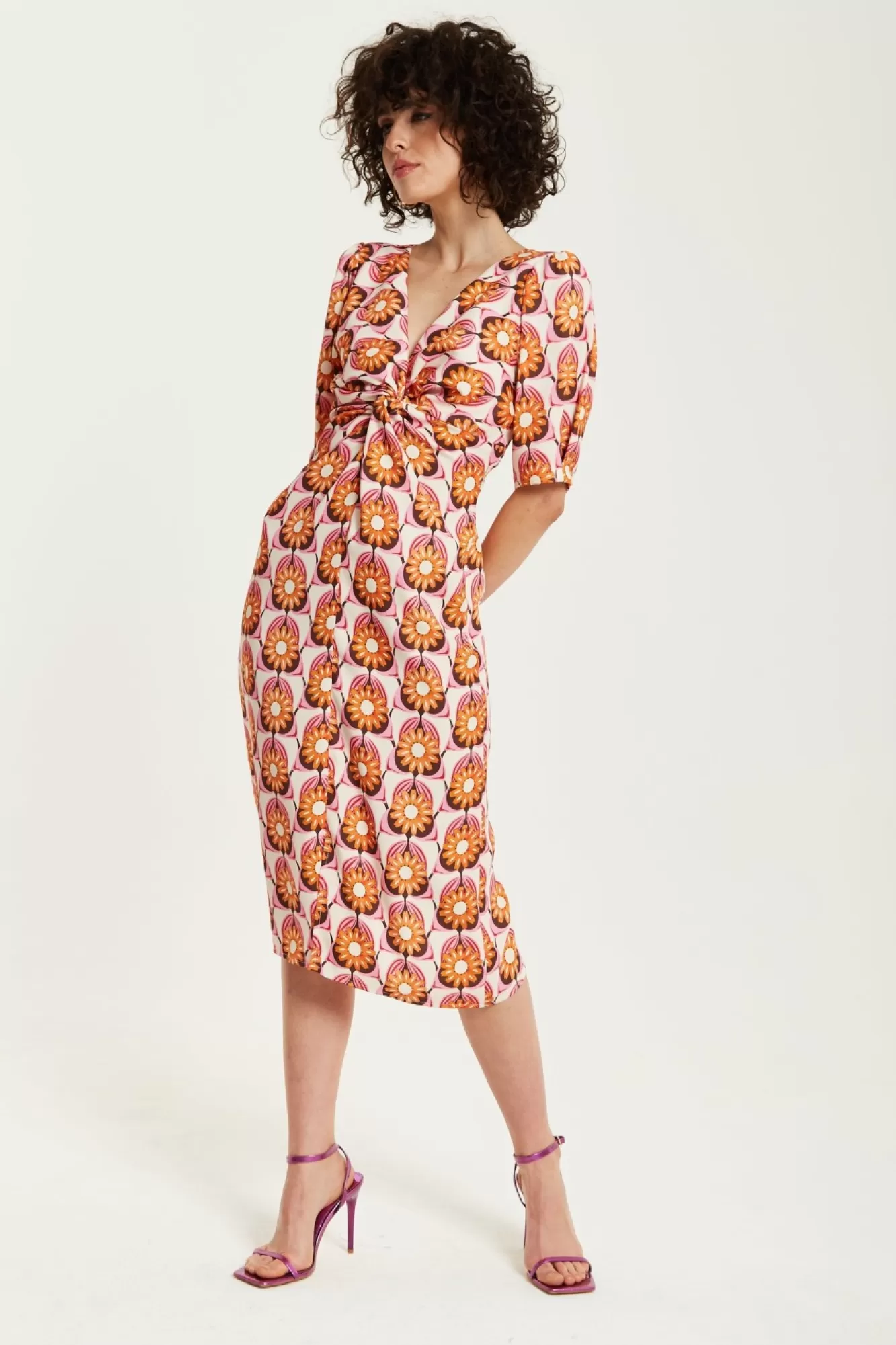Midi Dresses^Liquorish Orange Floral Knot Front Midi Dress Multicolor