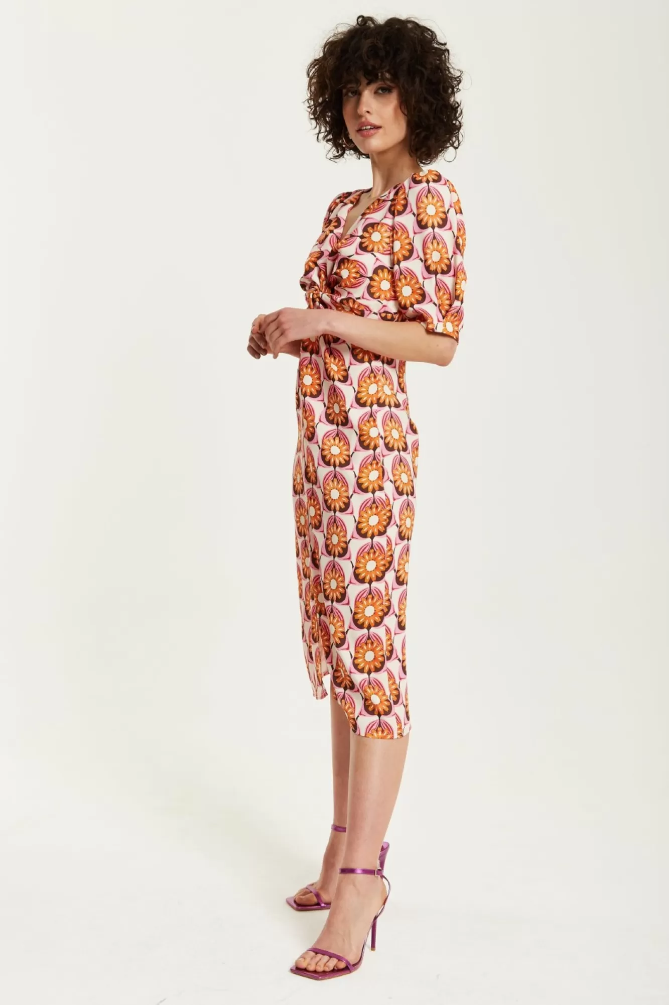 Midi Dresses^Liquorish Orange Floral Knot Front Midi Dress Multicolor