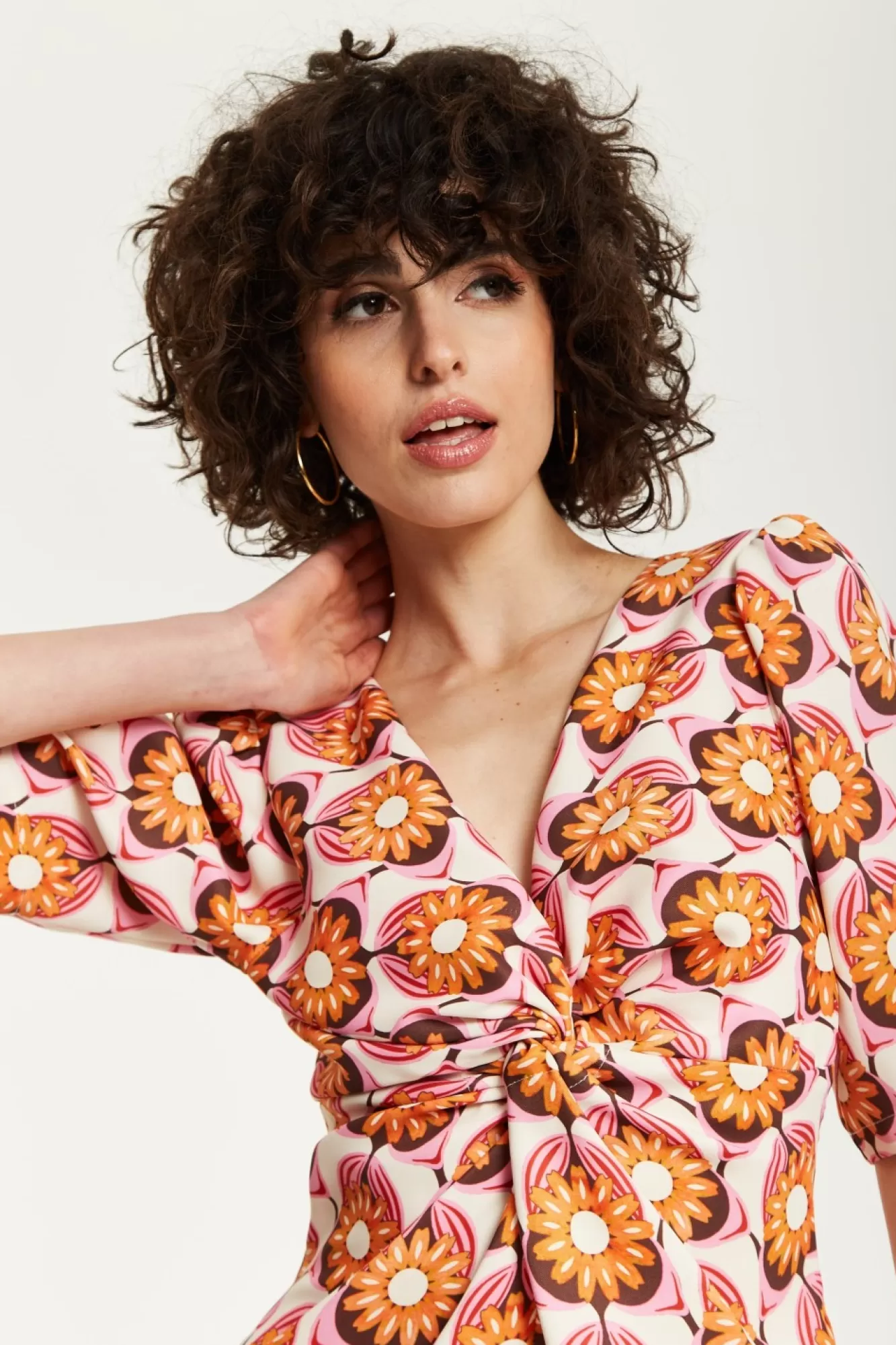 Midi Dresses^Liquorish Orange Floral Knot Front Midi Dress Multicolor