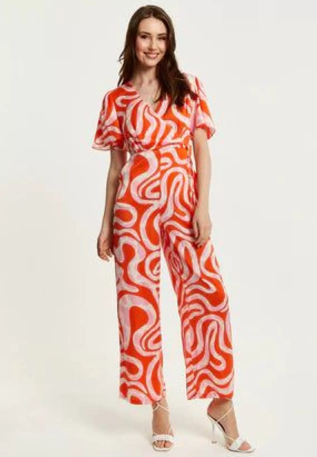 Jumpsuits^Liquorish Pink And Red Abstract Print Jumpsuit With Short Sleeves Multicolor