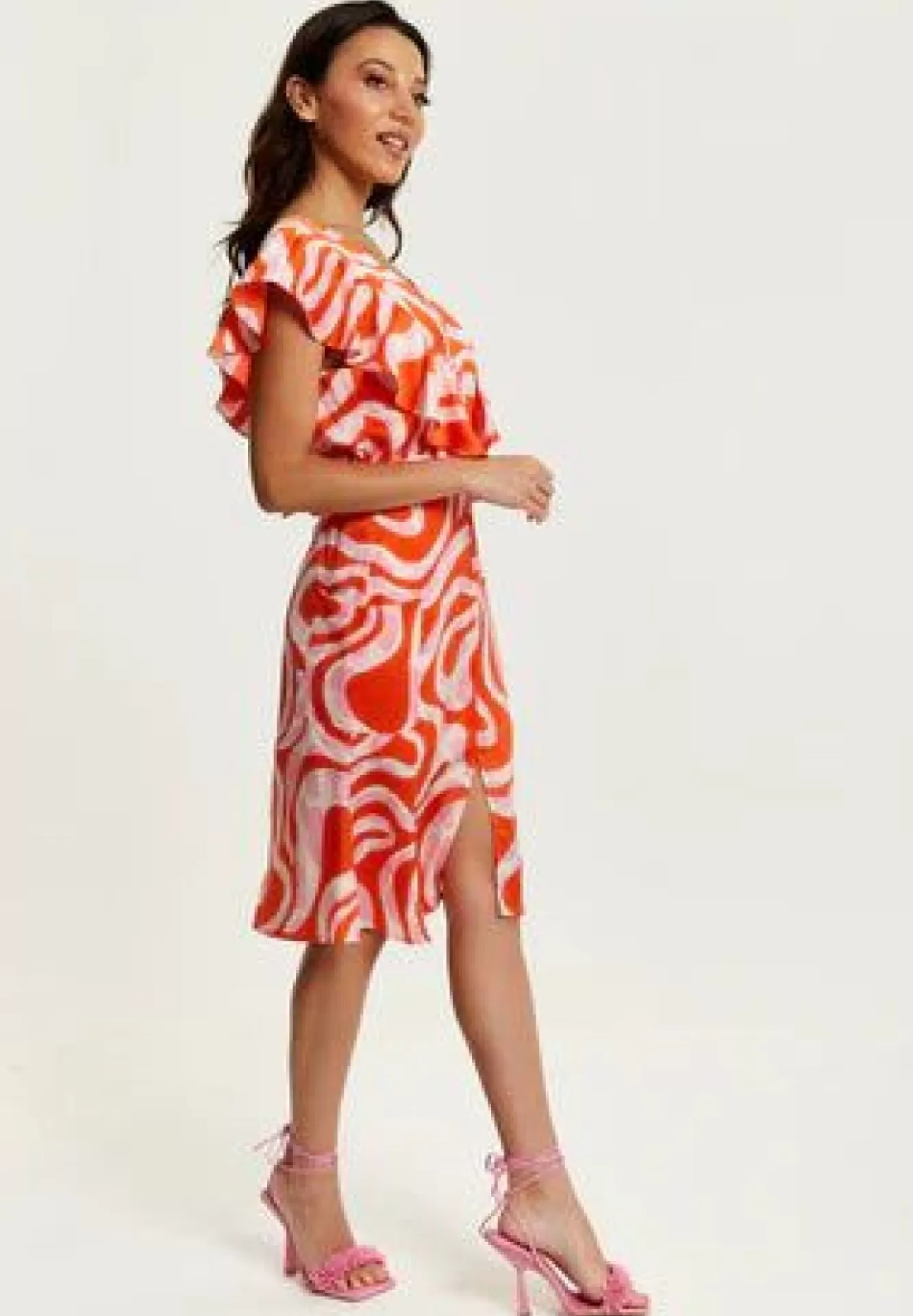 Midi Dresses^Liquorish Pink And Red Abstract Print Midi Dress With Frill Details Multicolor