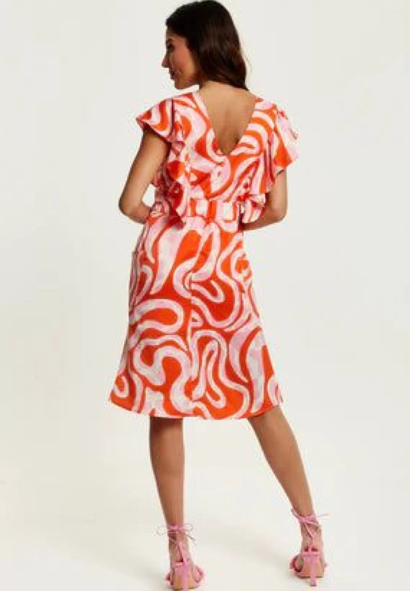 Midi Dresses^Liquorish Pink And Red Abstract Print Midi Dress With Frill Details Multicolor