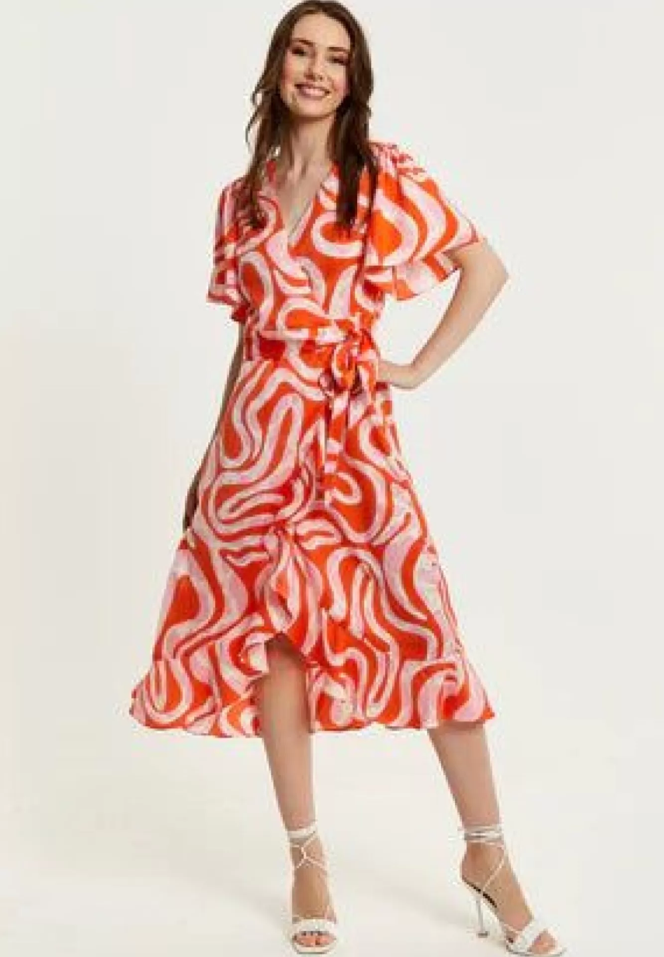 Midi Dresses^Liquorish Pink And Red Abstract Print Midi Wrap Dress Multicolor