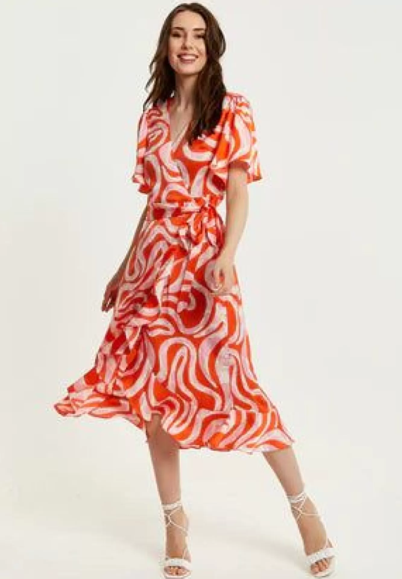 Midi Dresses^Liquorish Pink And Red Abstract Print Midi Wrap Dress Multicolor