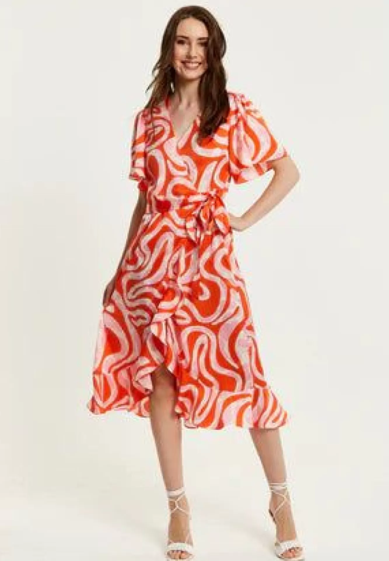 Midi Dresses^Liquorish Pink And Red Abstract Print Midi Wrap Dress Multicolor