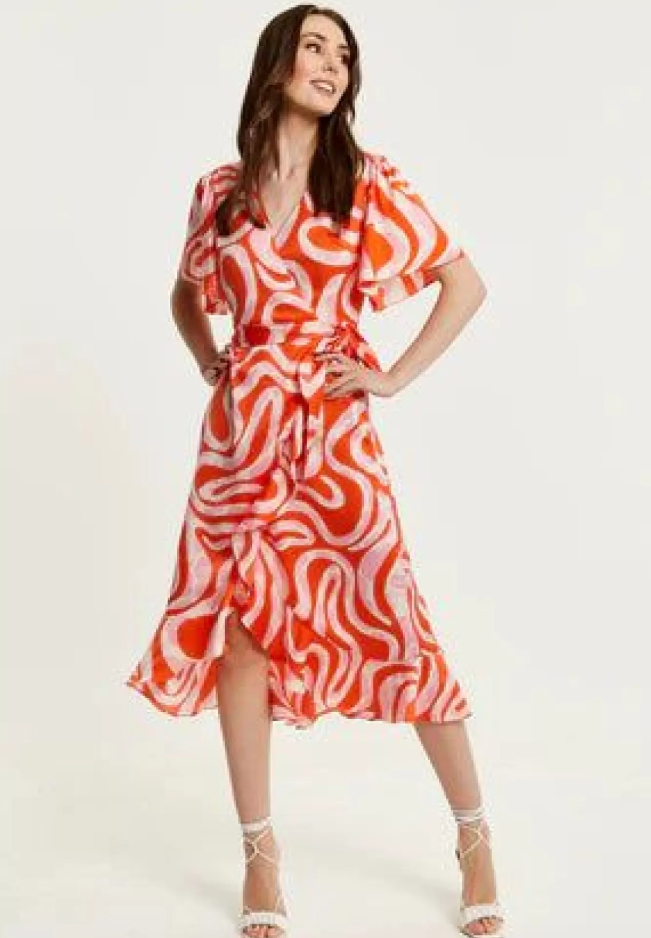 Midi Dresses^Liquorish Pink And Red Abstract Print Midi Wrap Dress Multicolor