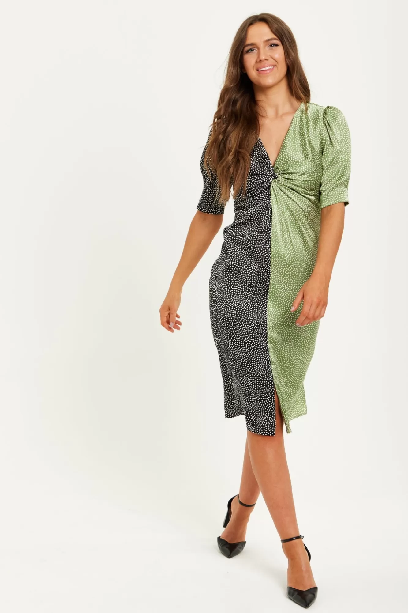 Midi Dresses^Liquorish Polka Dot Print Knot Front Midi Dress Multicolor