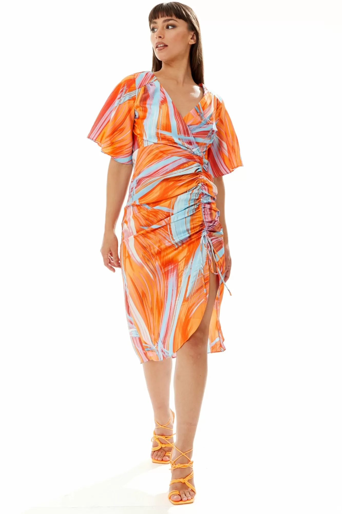 Midi Dresses^Liquorish Rouching Abstract Brush Stroke Print Midi Dress Orange