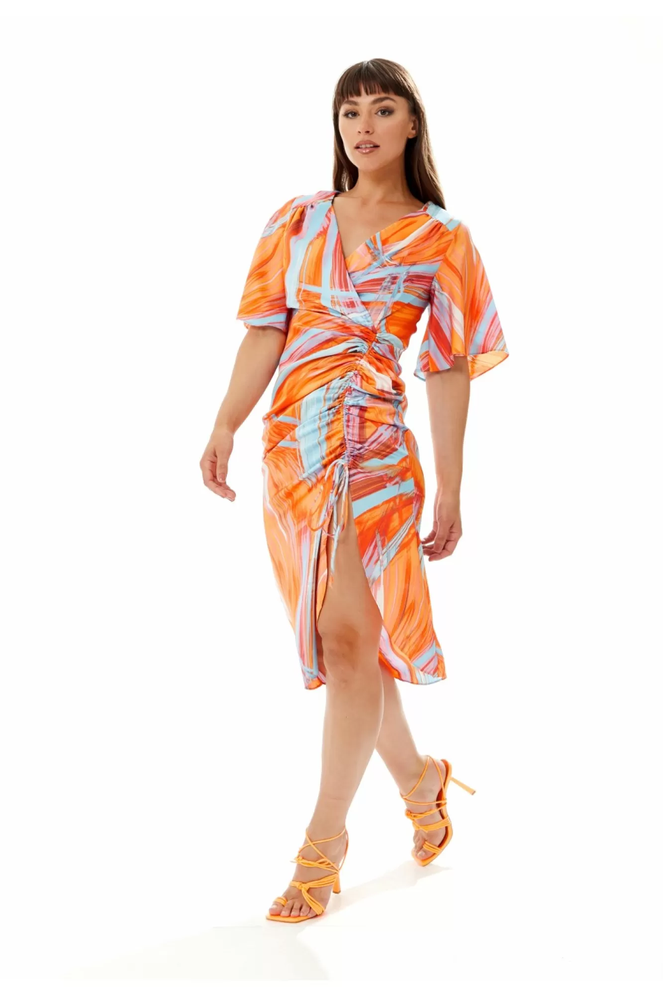 Midi Dresses^Liquorish Rouching Abstract Brush Stroke Print Midi Dress Orange