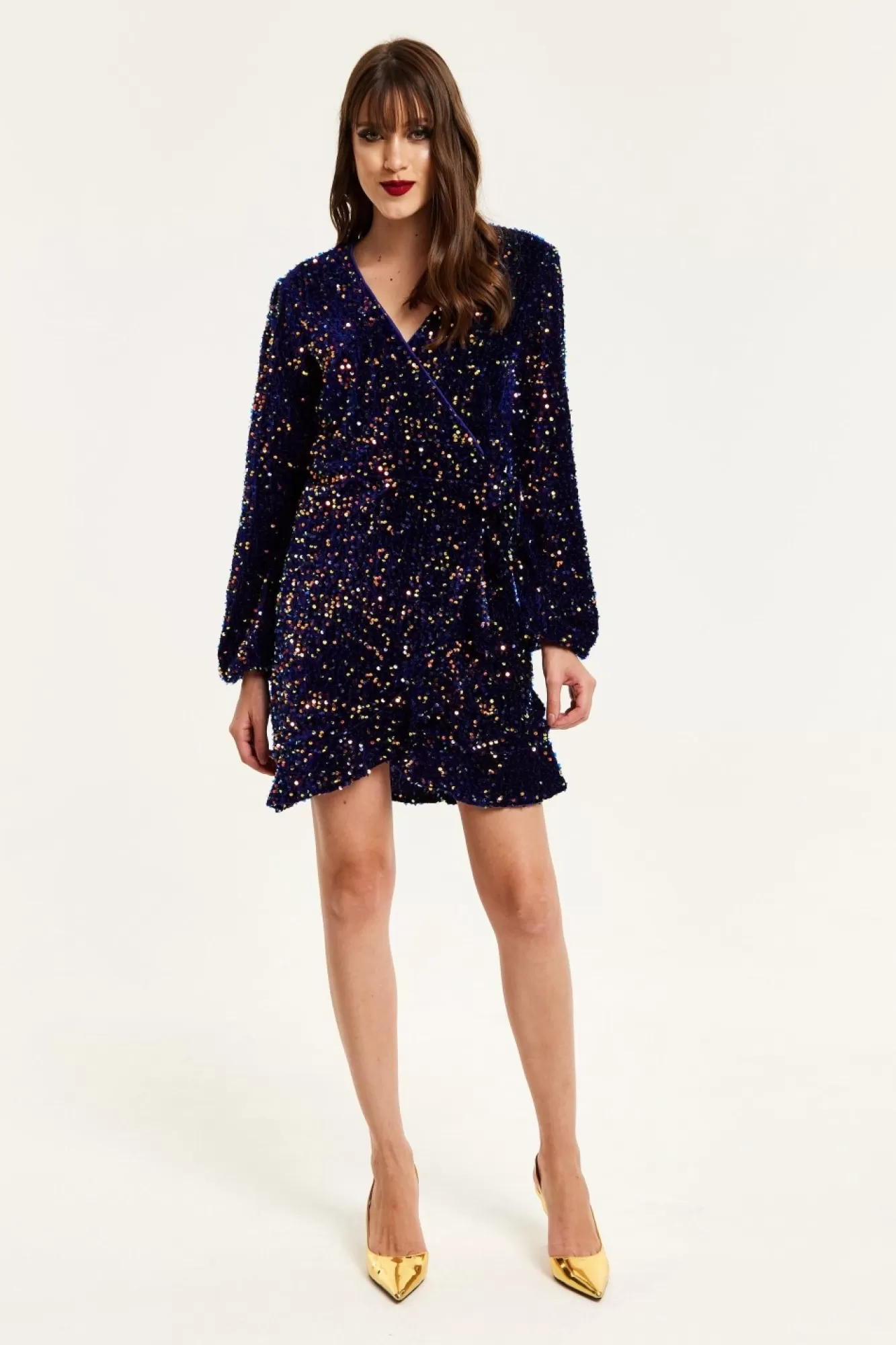 Mini Dresses^Liquorish Royal Blue Velvet Based Multicolour Sequin Mini Wrap Dress Multicolor