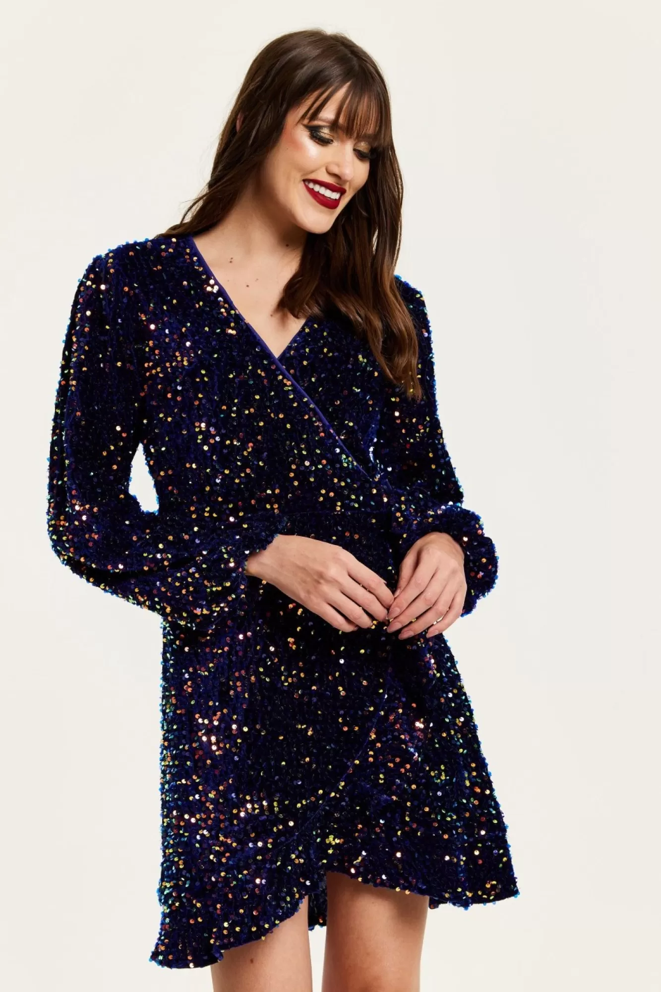 Mini Dresses^Liquorish Royal Blue Velvet Based Multicolour Sequin Mini Wrap Dress Multicolor