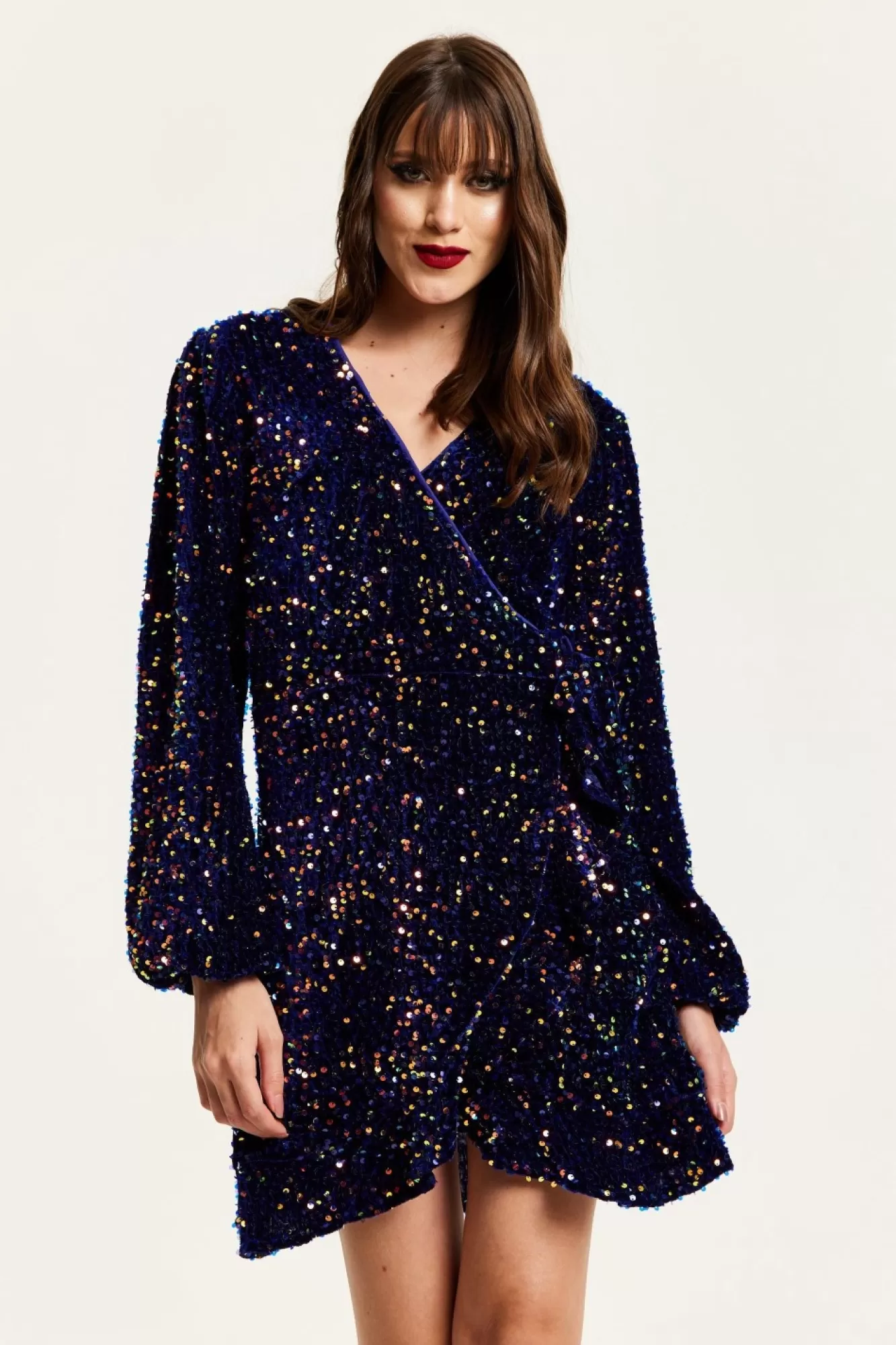 Mini Dresses^Liquorish Royal Blue Velvet Based Multicolour Sequin Mini Wrap Dress Multicolor