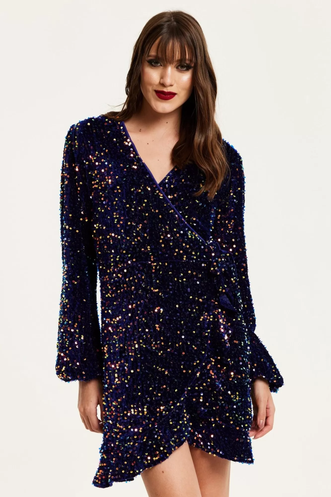 Mini Dresses^Liquorish Royal Blue Velvet Based Multicolour Sequin Mini Wrap Dress Multicolor
