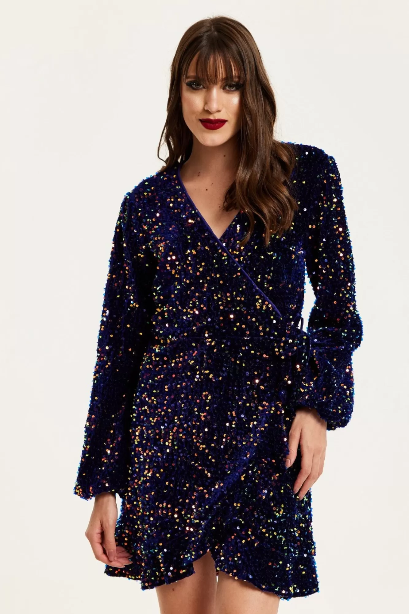 Mini Dresses^Liquorish Royal Blue Velvet Based Multicolour Sequin Mini Wrap Dress Multicolor