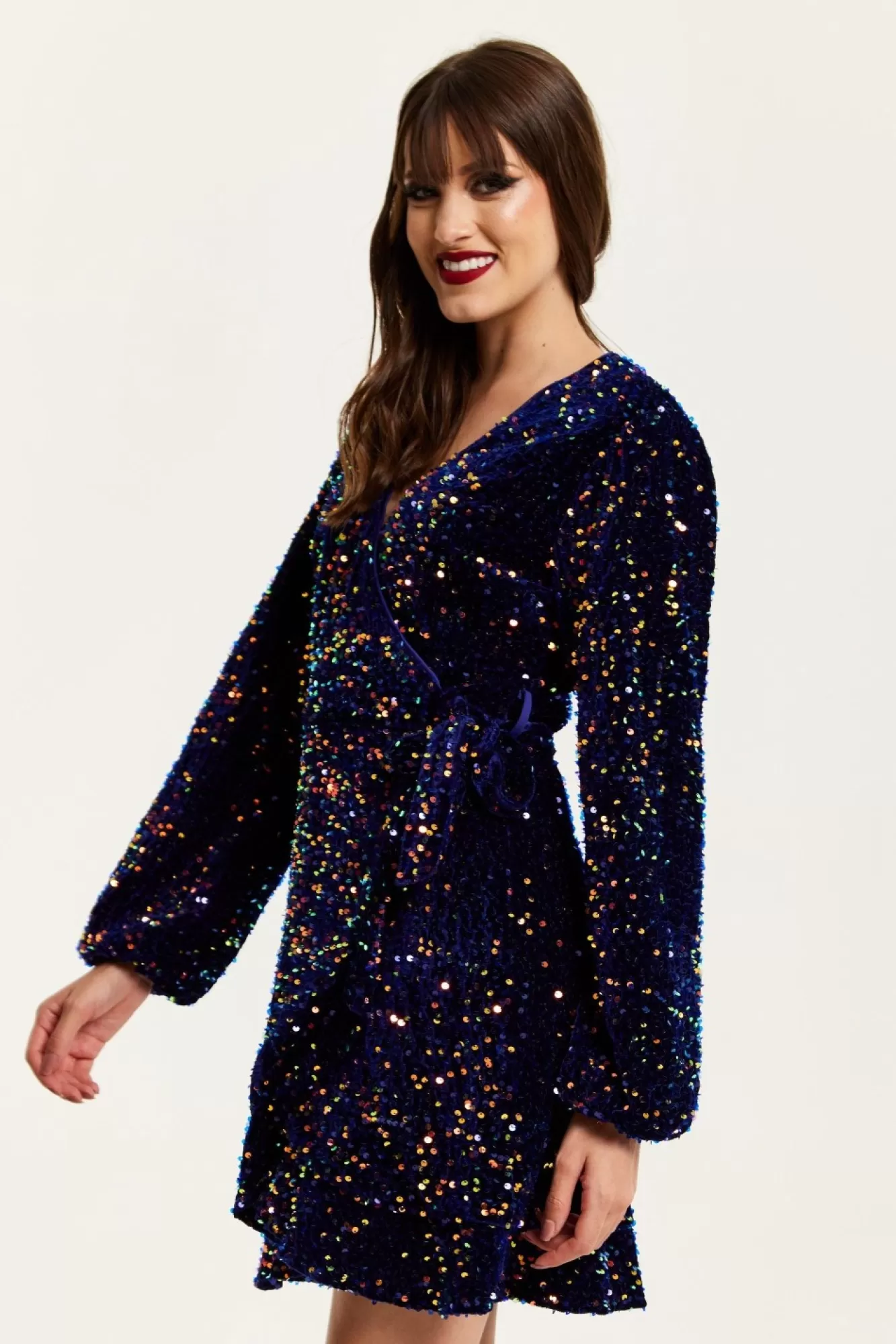 Mini Dresses^Liquorish Royal Blue Velvet Based Multicolour Sequin Mini Wrap Dress Multicolor