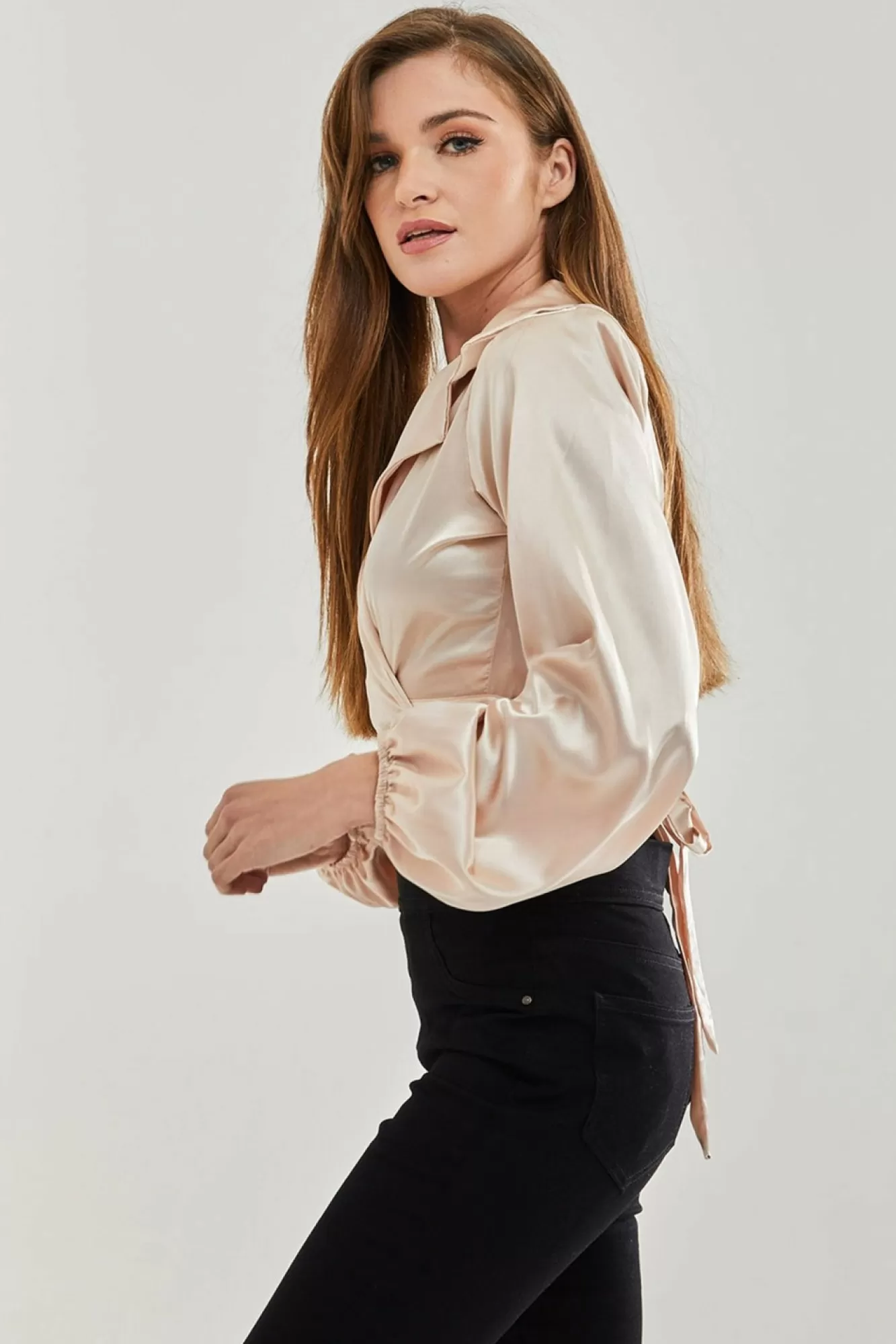 Blouses^Liquorish Satin Wrap Top In Cream