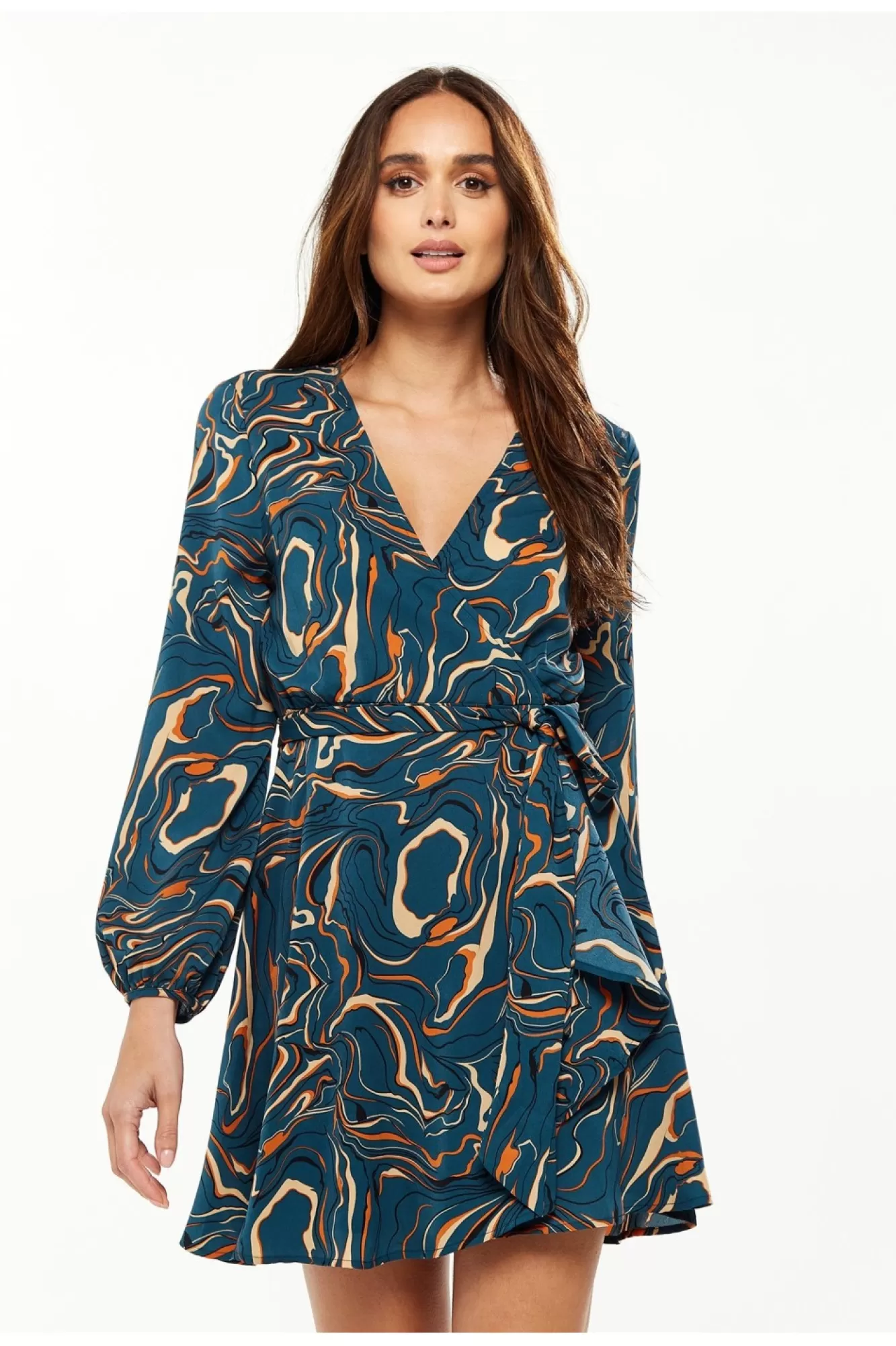 Mini Dresses^Liquorish Scribble Print Mini Wrap Dress With Long Sleeves Green