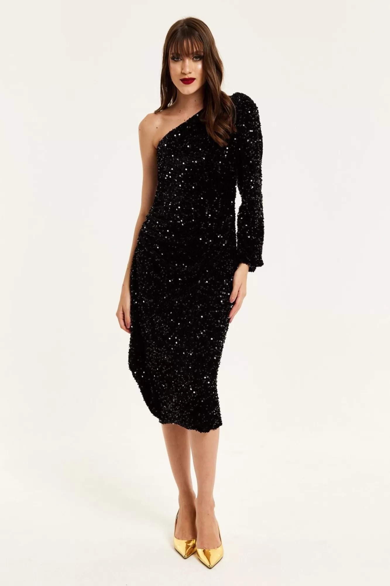 Midi Dresses^Liquorish Sequin Velvet One Shoulder Midi Dress Black