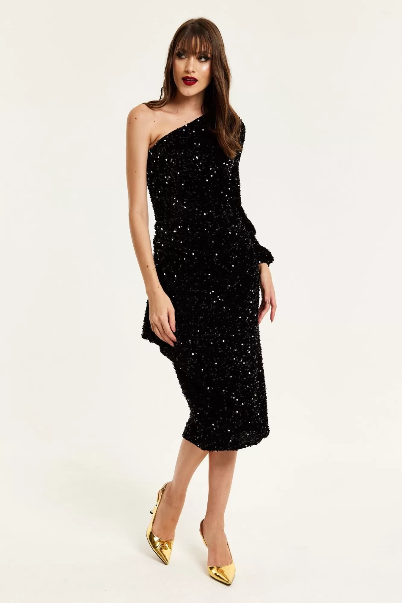 Midi Dresses^Liquorish Sequin Velvet One Shoulder Midi Dress Black