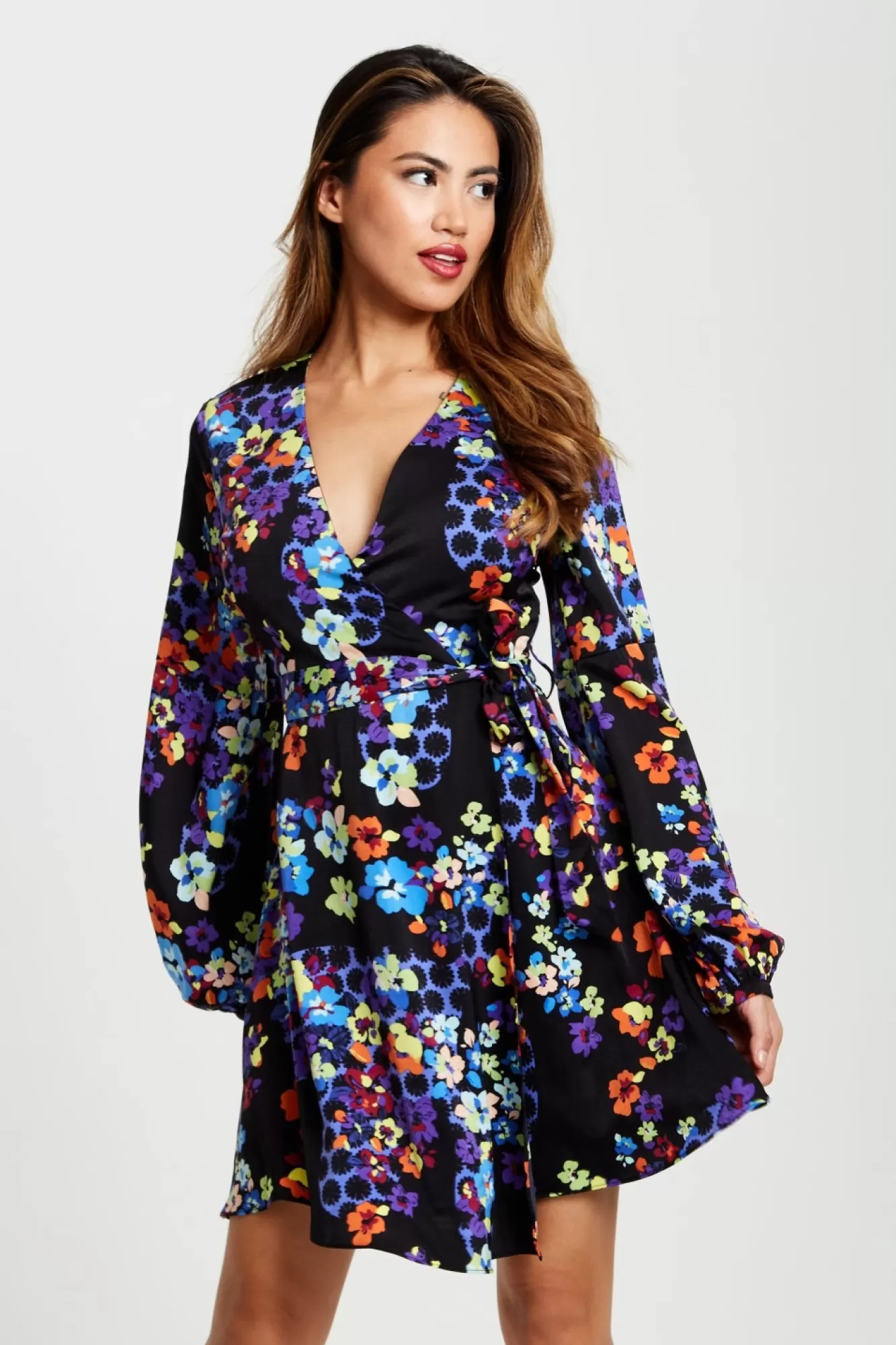 Mini Dresses^Liquorish Speckle Floral Print Mini Wrap Dress Multicolour