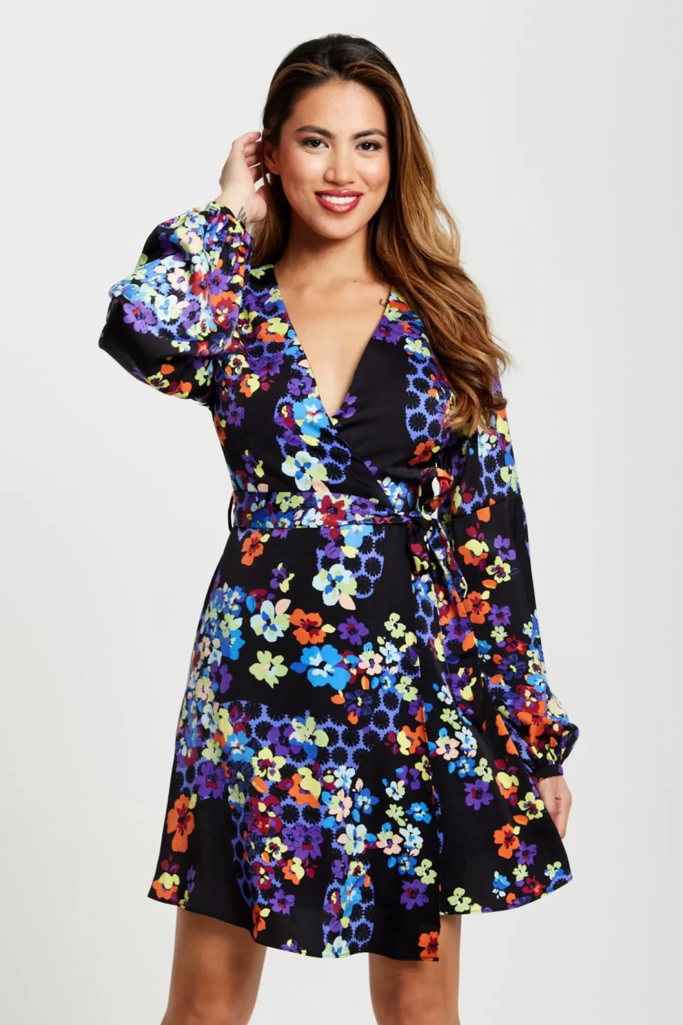 Mini Dresses^Liquorish Speckle Floral Print Mini Wrap Dress Multicolour
