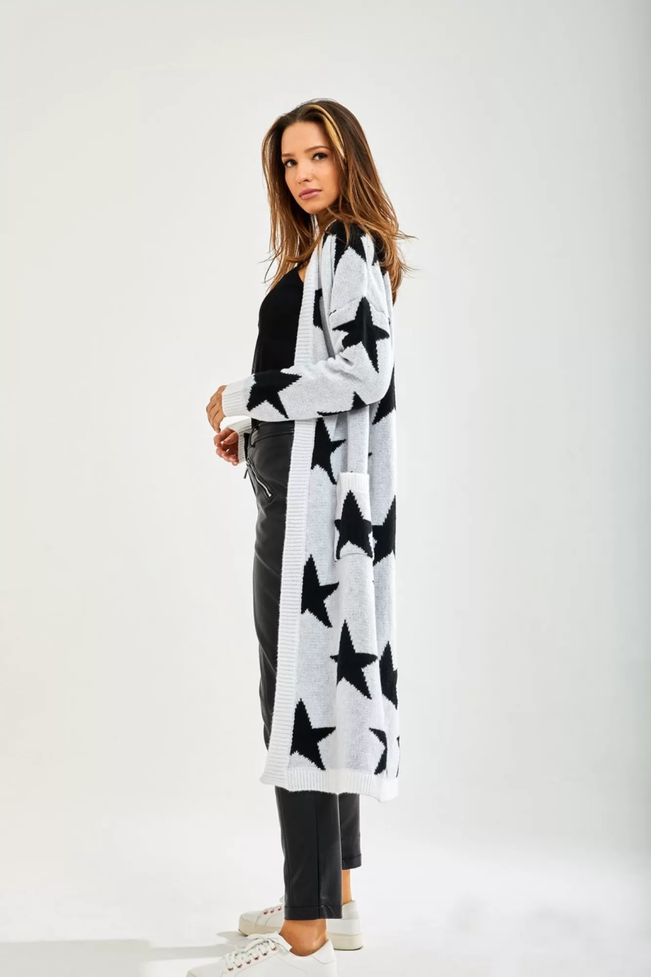 Cardigans^Liquorish Star Pattern Long Cardigan In White