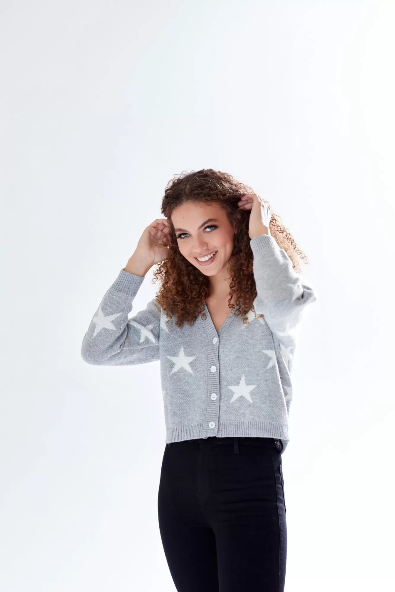 Cardigans^Liquorish Star Pattern V-Neck Button Down Cardigan Grey